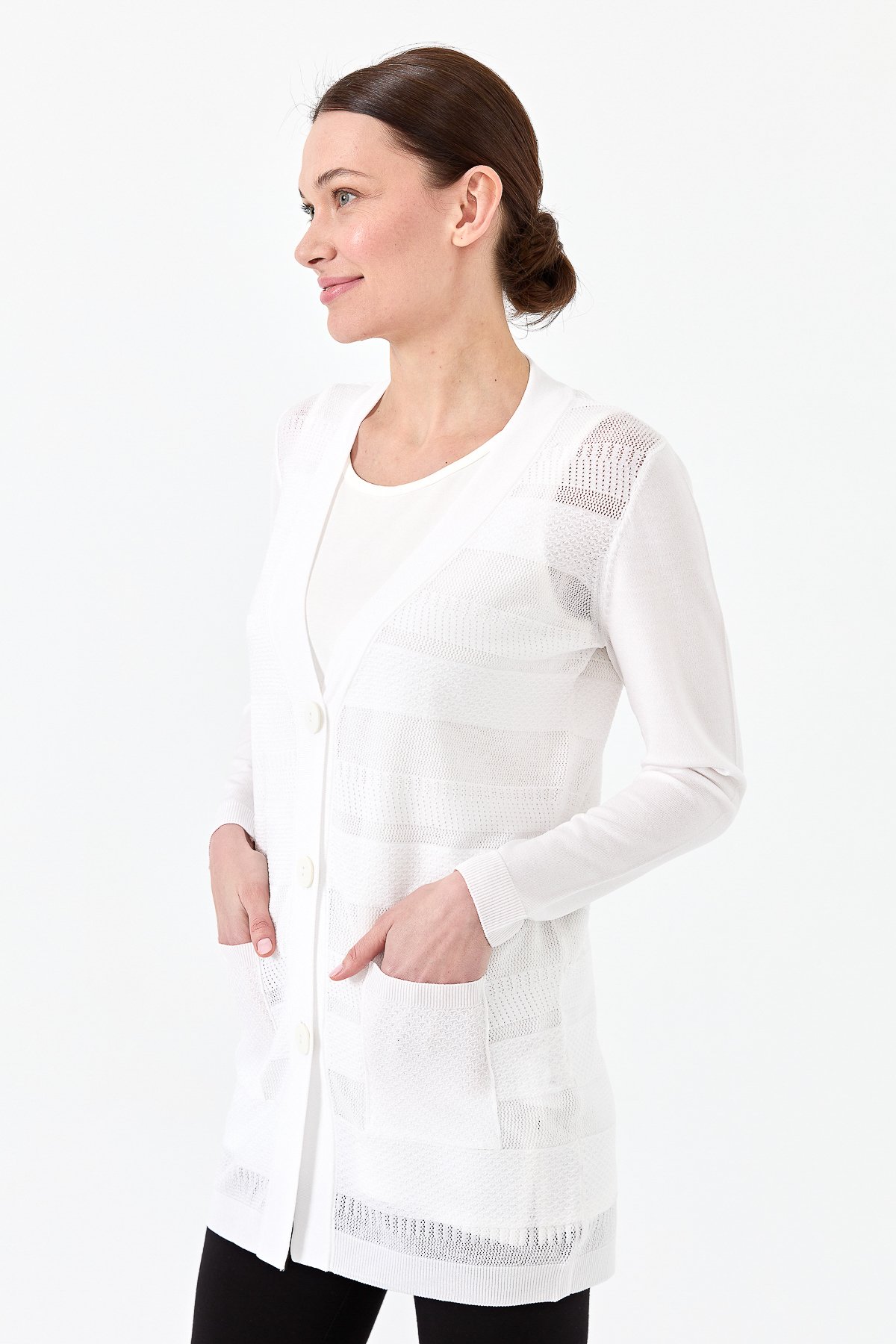 21364Kadın Triko V Yaka Yazlık Hırka Ekru