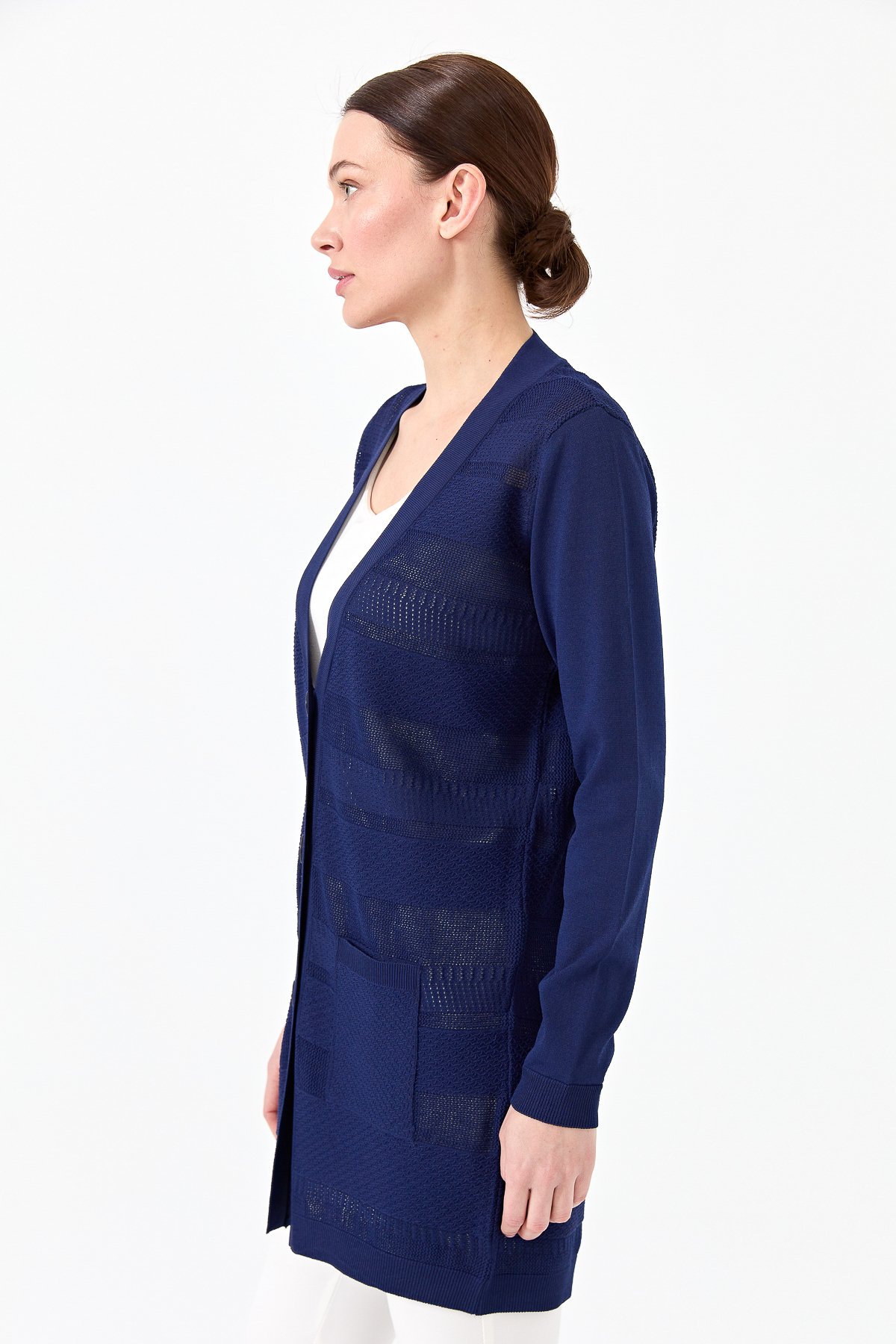 21364Kadın Triko V Yaka Yazlık Hırka Lacivert