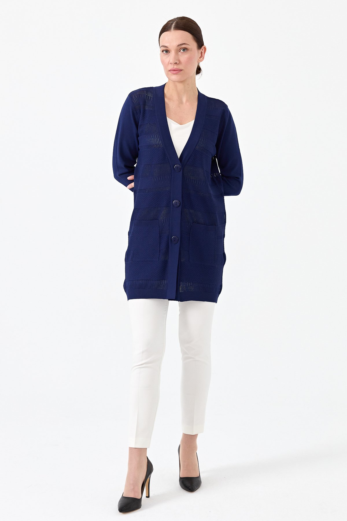 21364Kadın Triko V Yaka Yazlık Hırka Lacivert