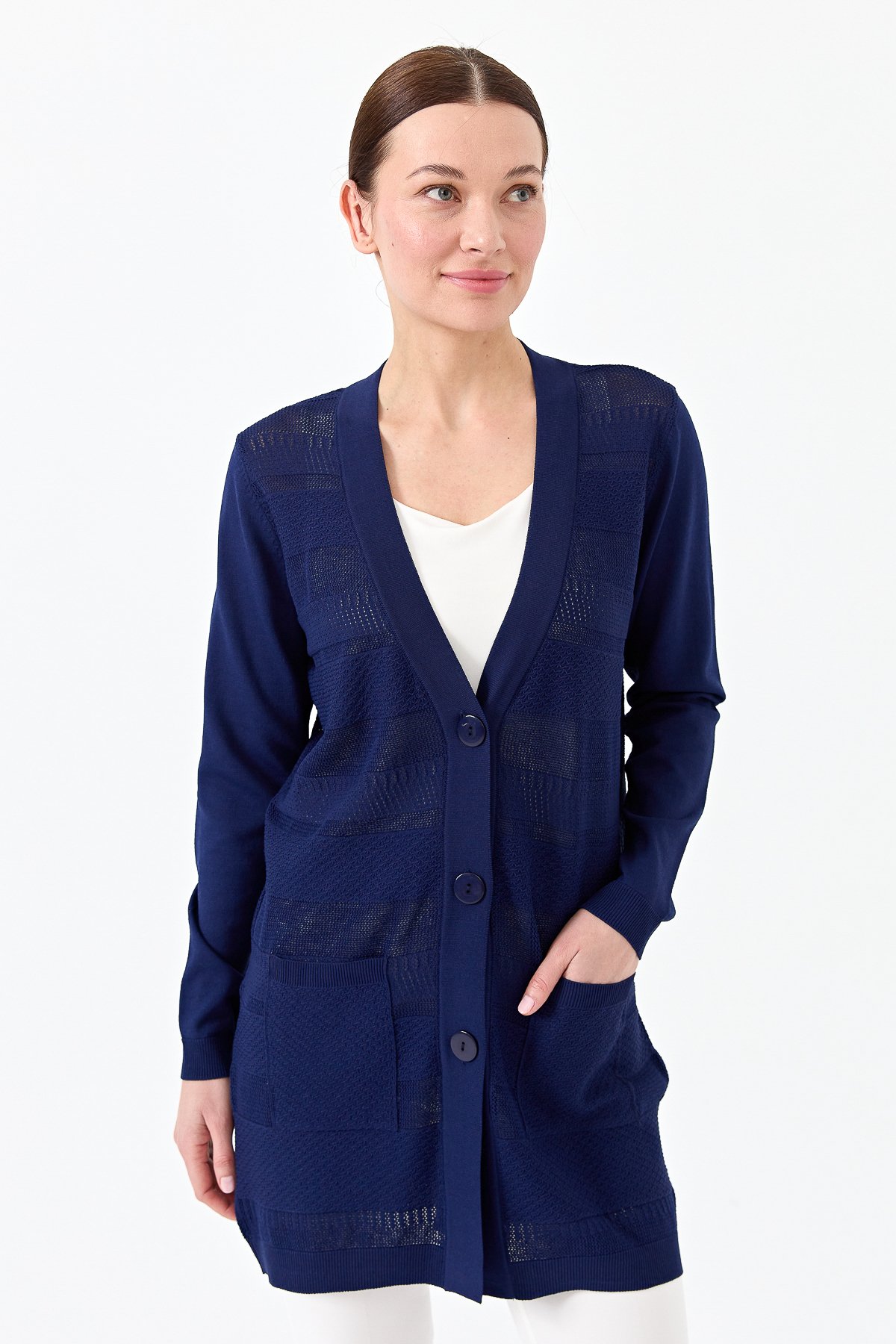 21364Kadın Triko V Yaka Yazlık Hırka Lacivert