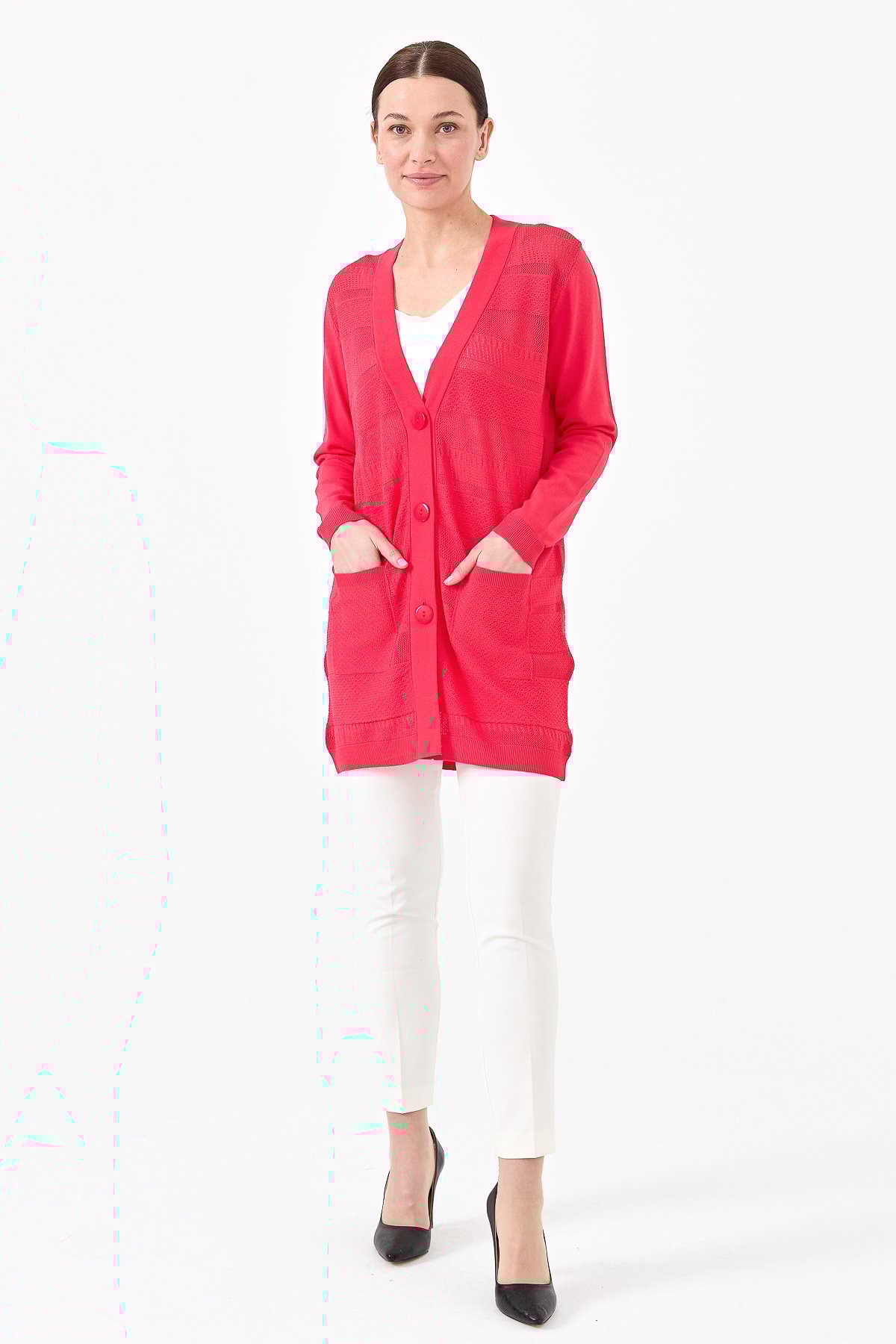 21364Kadın Triko V Yaka Yazlık Hırka N.Çiçeği