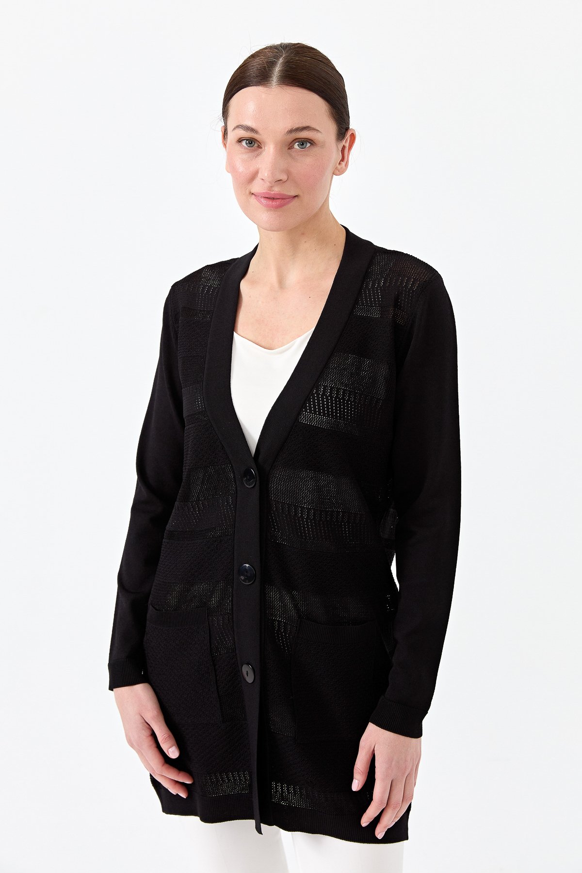 21364Kadın Triko V Yaka Yazlık Hırka Siyah