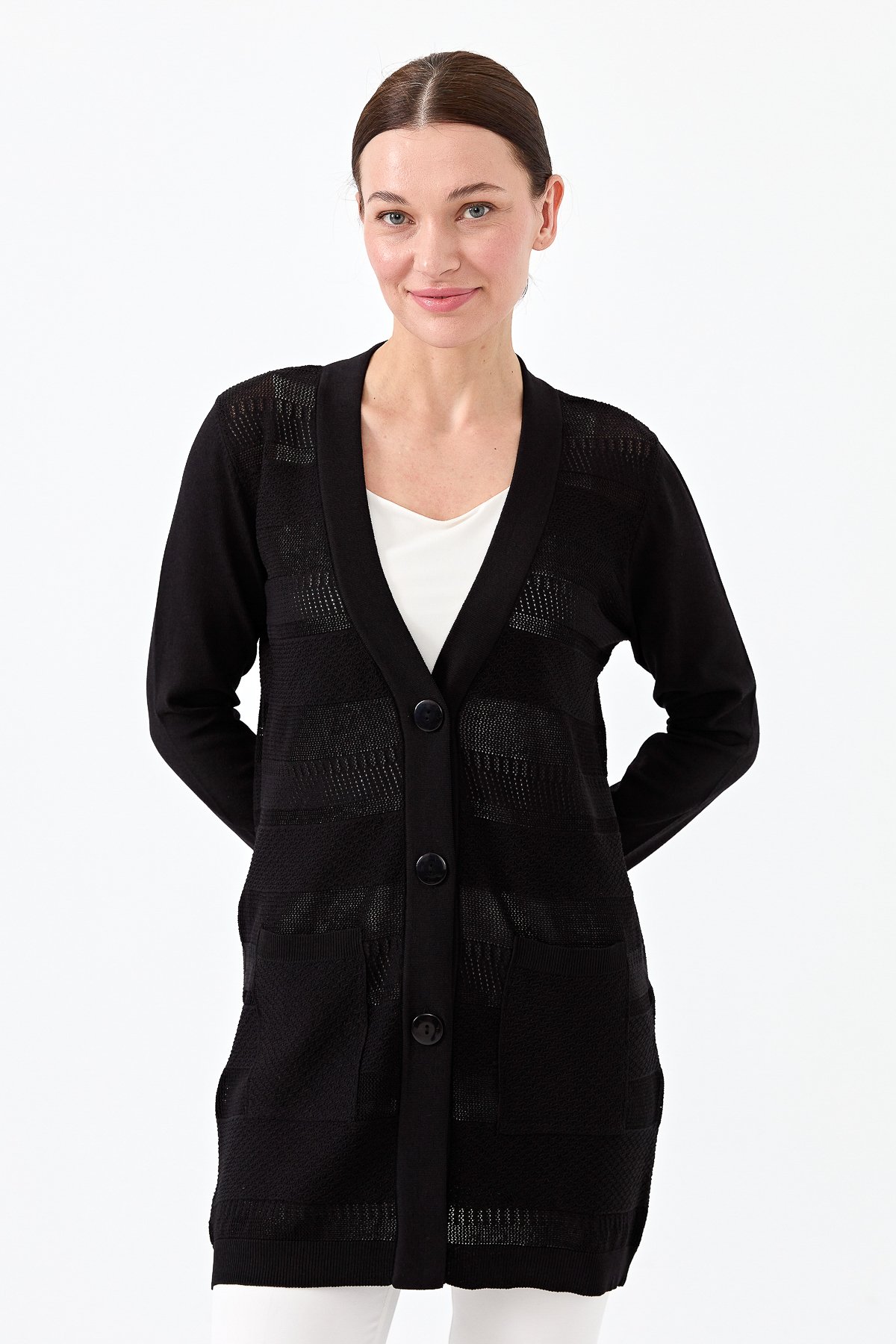 21364Kadın Triko V Yaka Yazlık Hırka Siyah