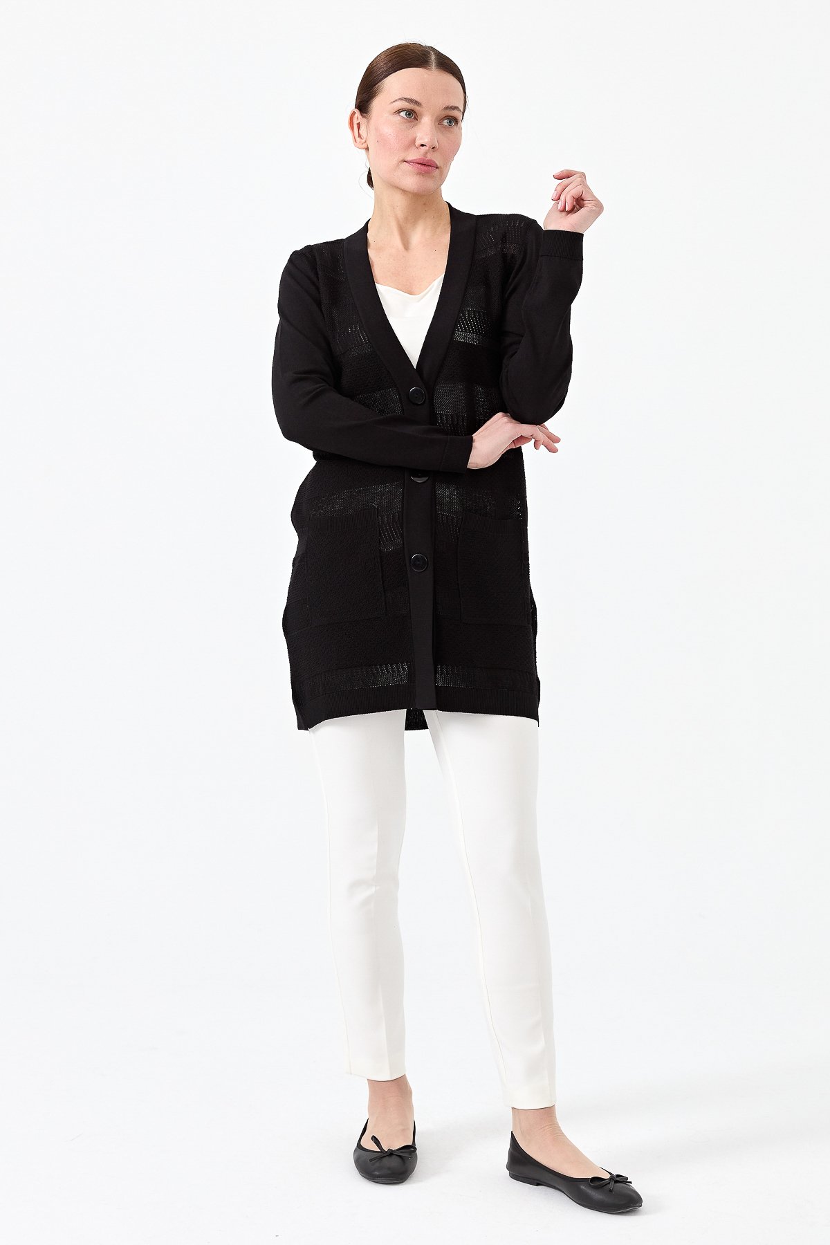 21364Kadın Triko V Yaka Yazlık Hırka Siyah