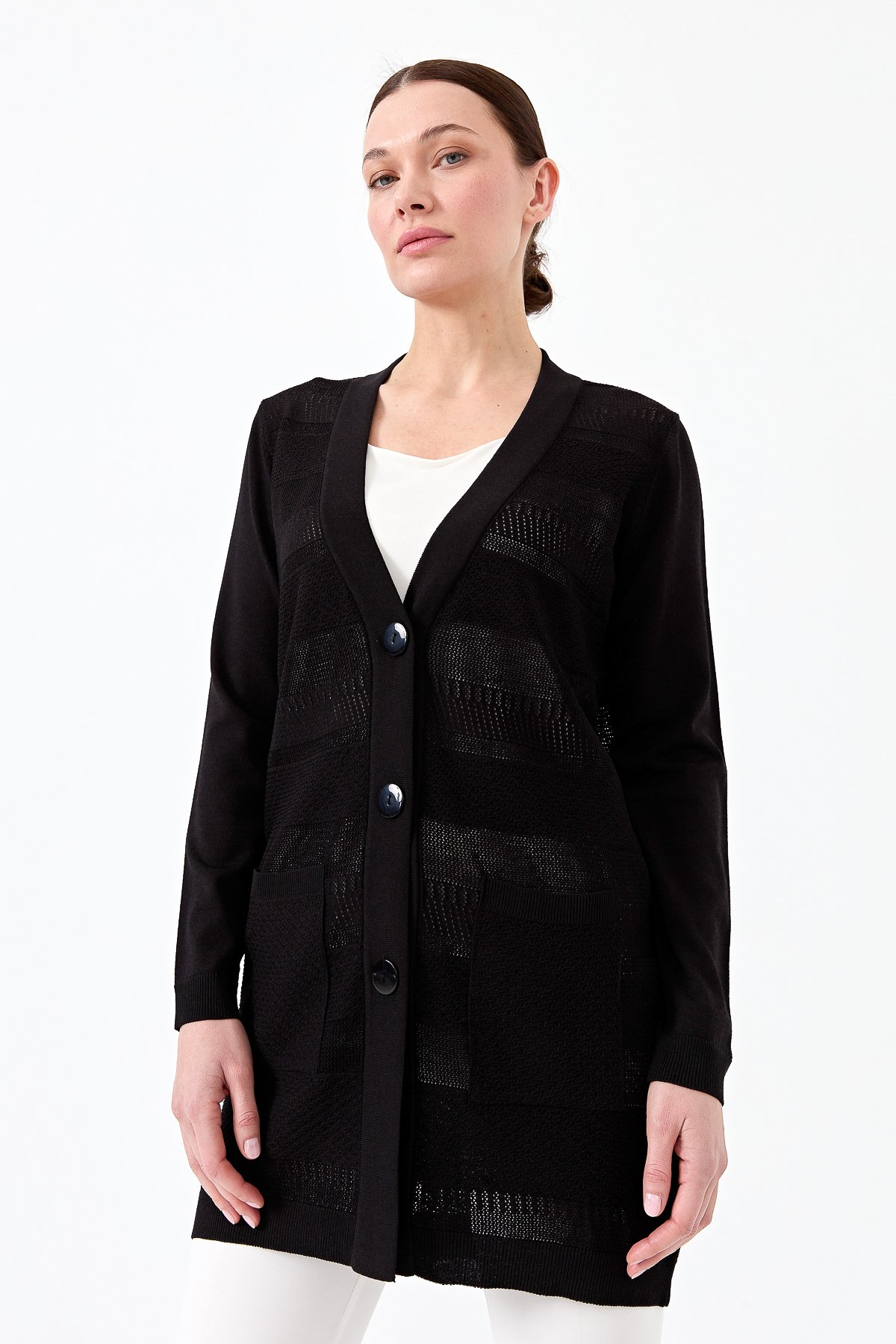 21364Kadın Triko V Yaka Yazlık Hırka Siyah