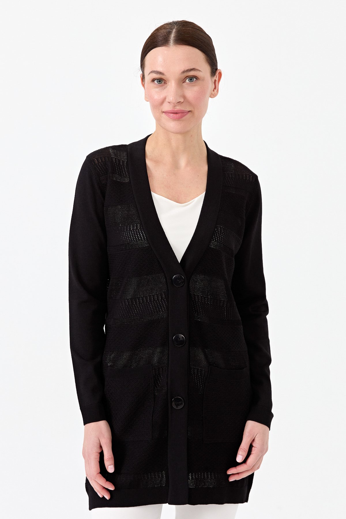 21364Kadın Triko V Yaka Yazlık Hırka Siyah