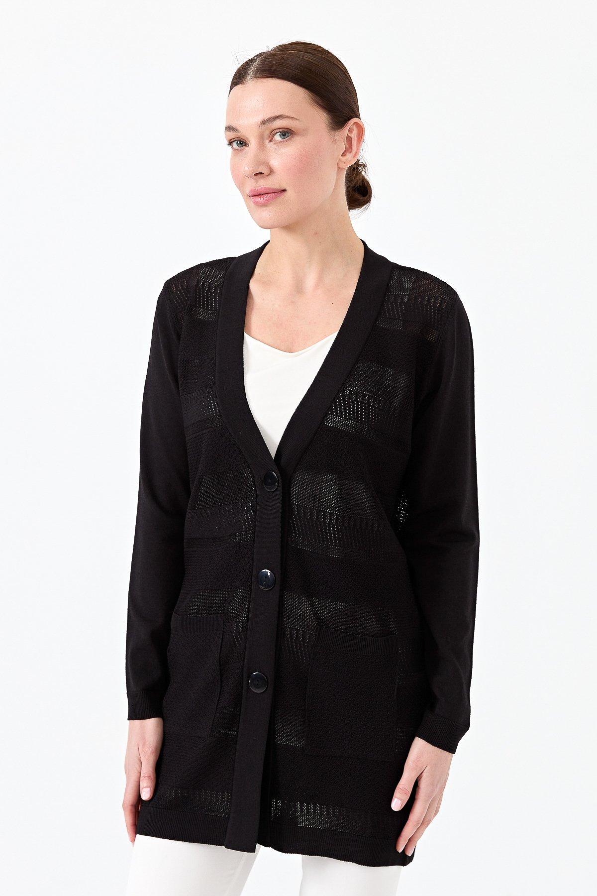 21364Kadın Triko V Yaka Yazlık Hırka Siyah