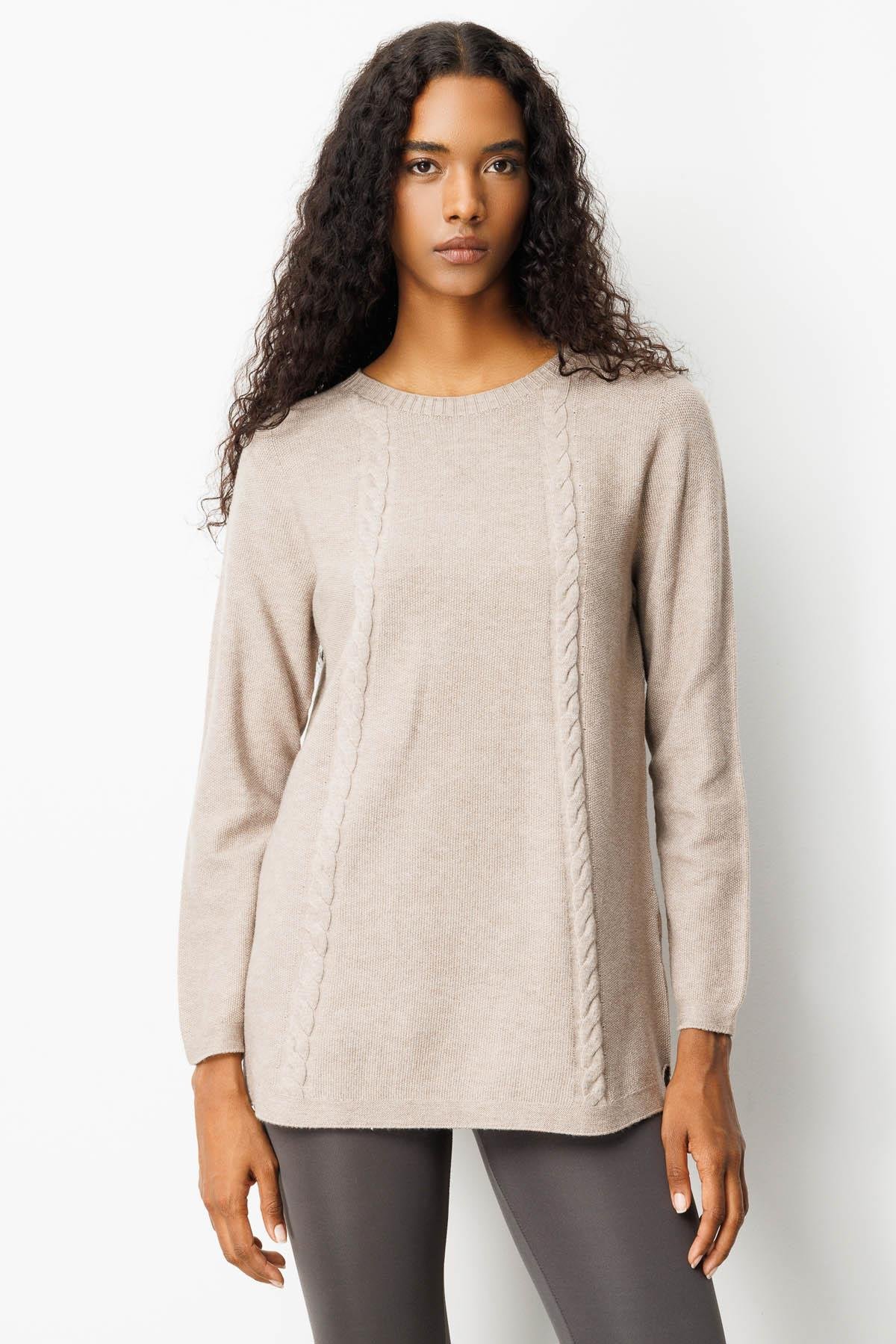 25266Kadın Triko Yanı Yırtmaçlı Pirinç Örgü Bluz Vizon