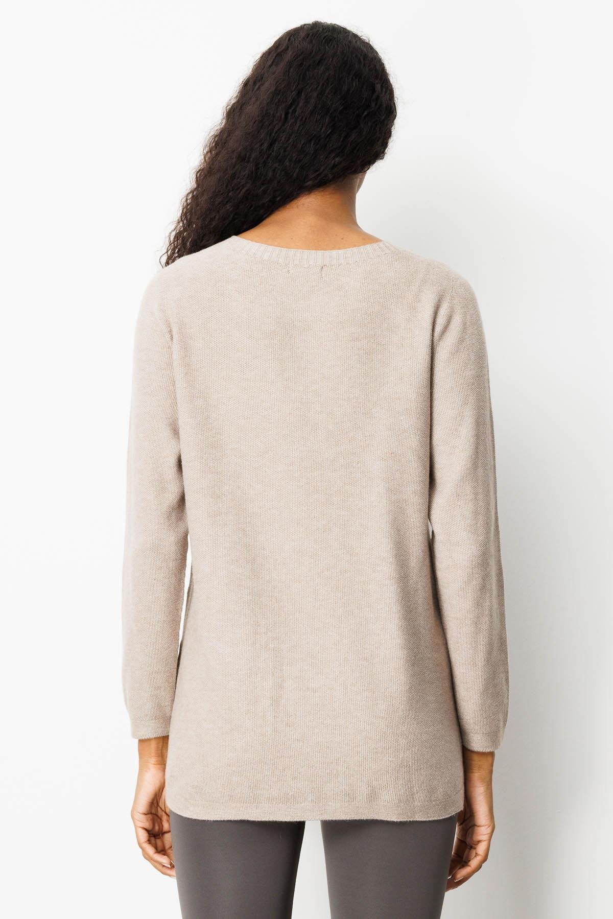 25266Kadın Triko Yanı Yırtmaçlı Pirinç Örgü Bluz Vizon