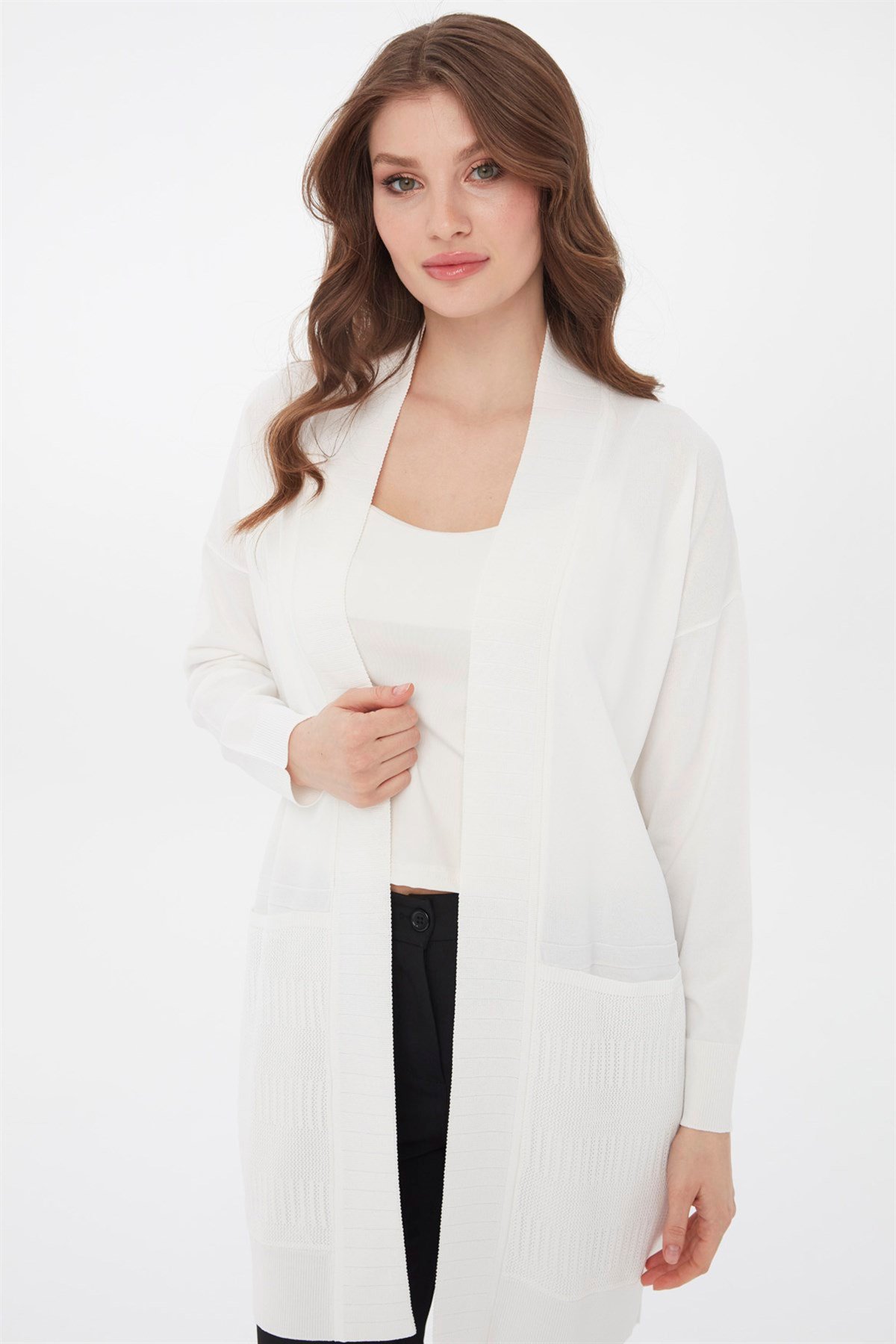 22356Kadın Triko Yazlık Uzun Hırka Ekru