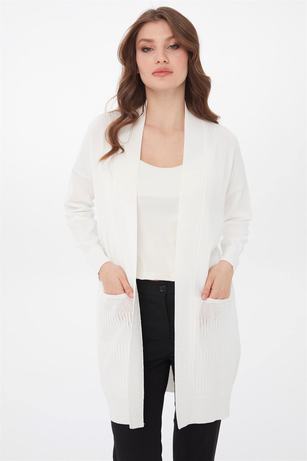 22356Kadın Triko Yazlık Uzun Hırka Ekru