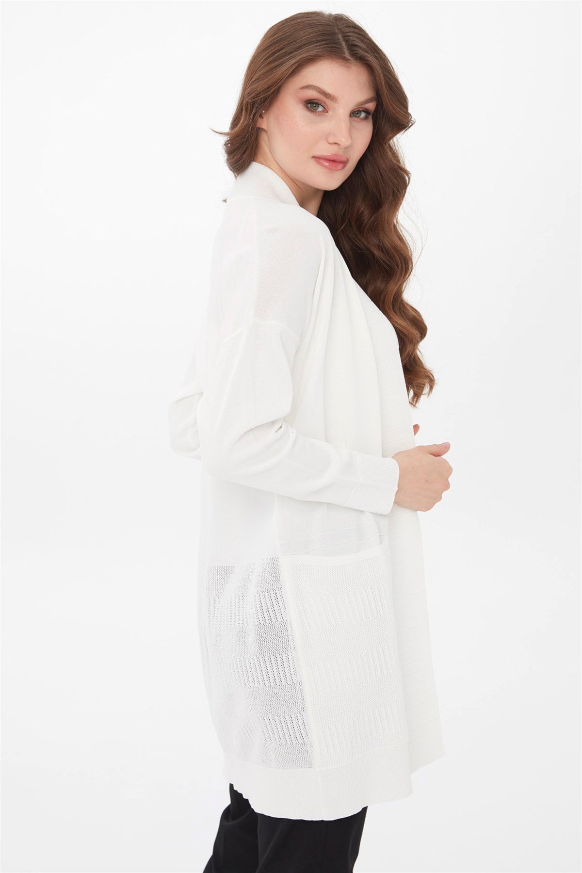 22356Kadın Triko Yazlık Uzun Hırka Ekru