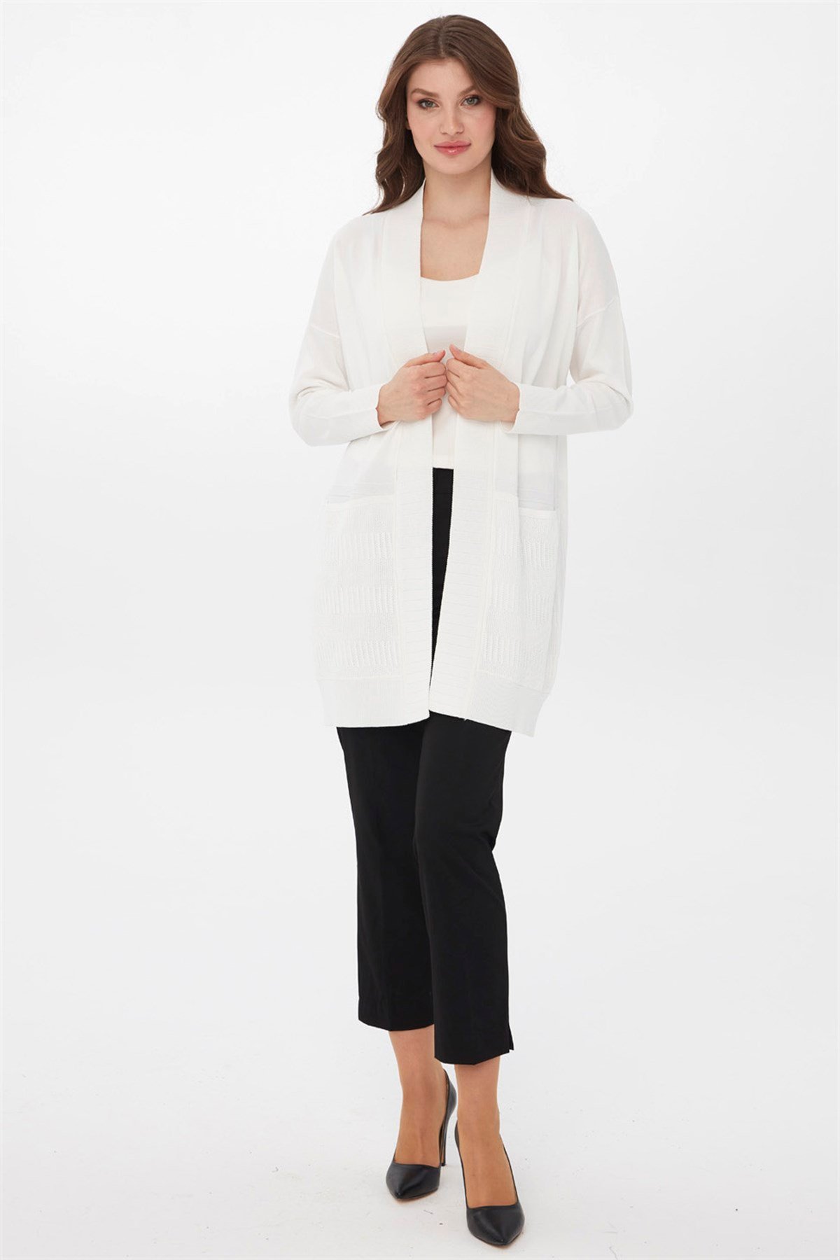 22356Kadın Triko Yazlık Uzun Hırka Ekru