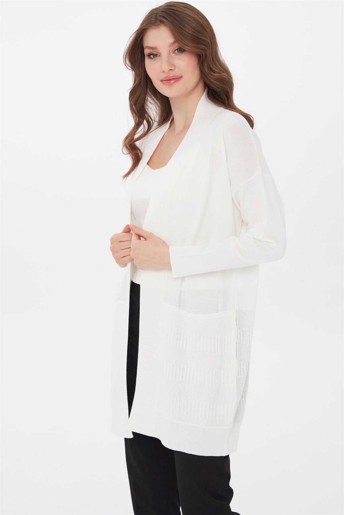 22356Kadın Triko Yazlık Uzun Hırka Ekru