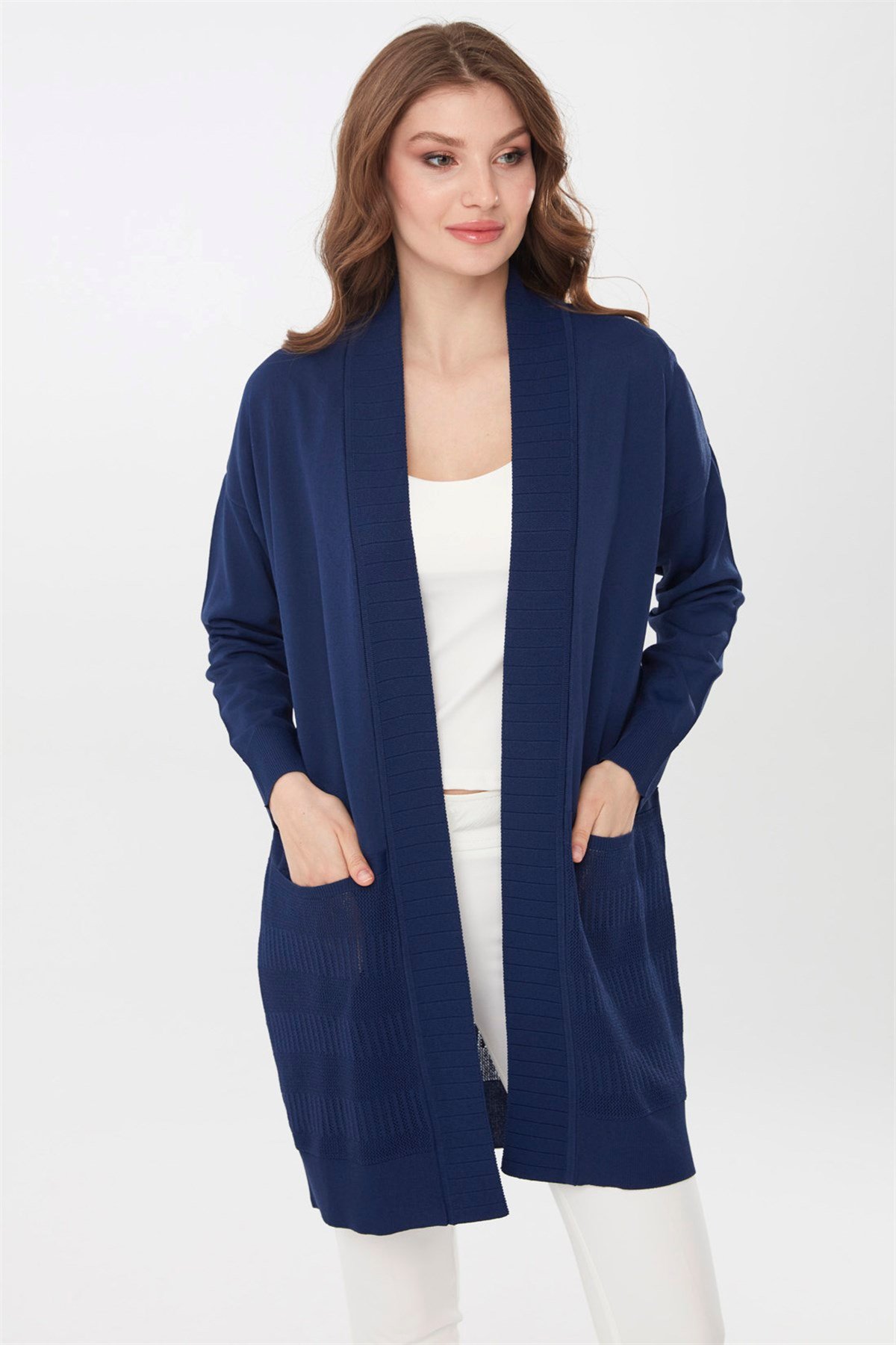 22356Kadın Triko Yazlık Uzun Hırka Lacivert