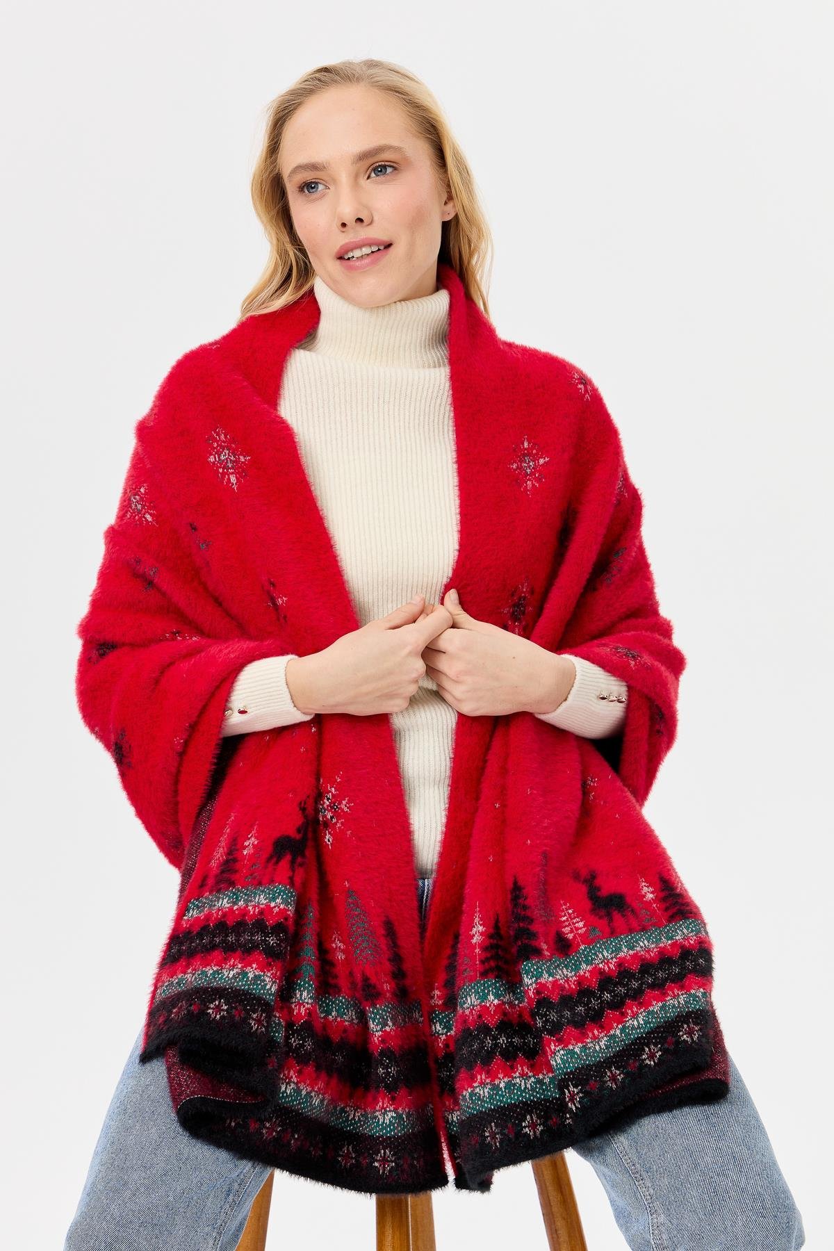 4006Kadın Triko Yılbaşı Desenli Şal Kırmızı