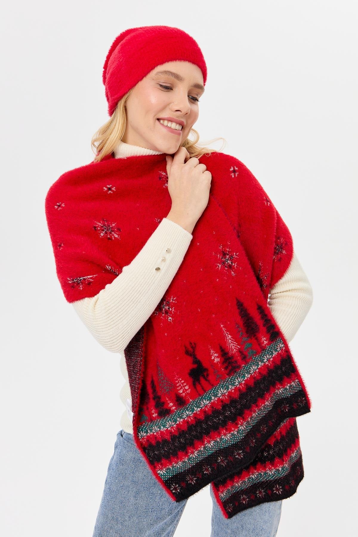 4006Kadın Triko Yılbaşı Desenli Şal Kırmızı