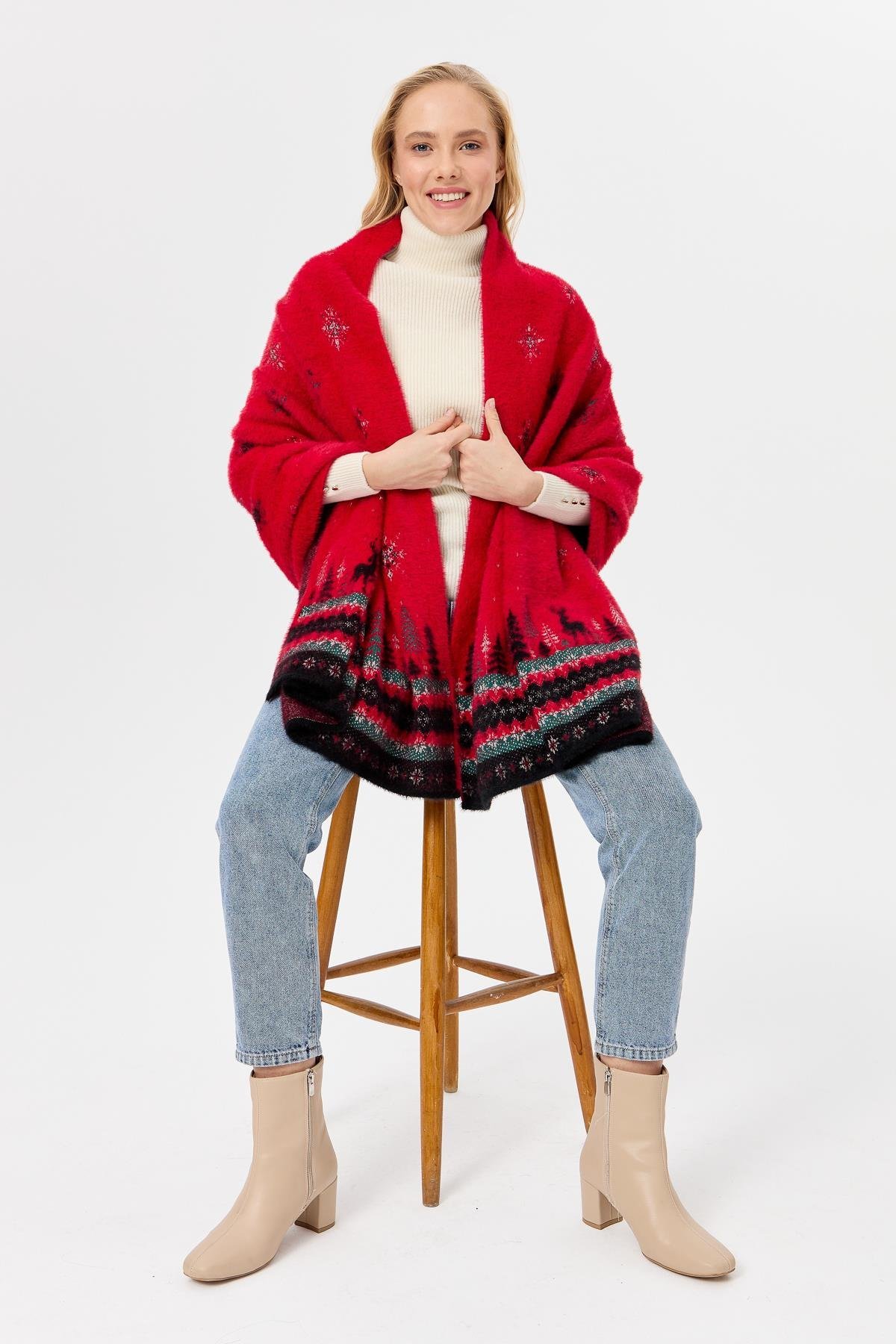 4006Kadın Triko Yılbaşı Desenli Şal Kırmızı