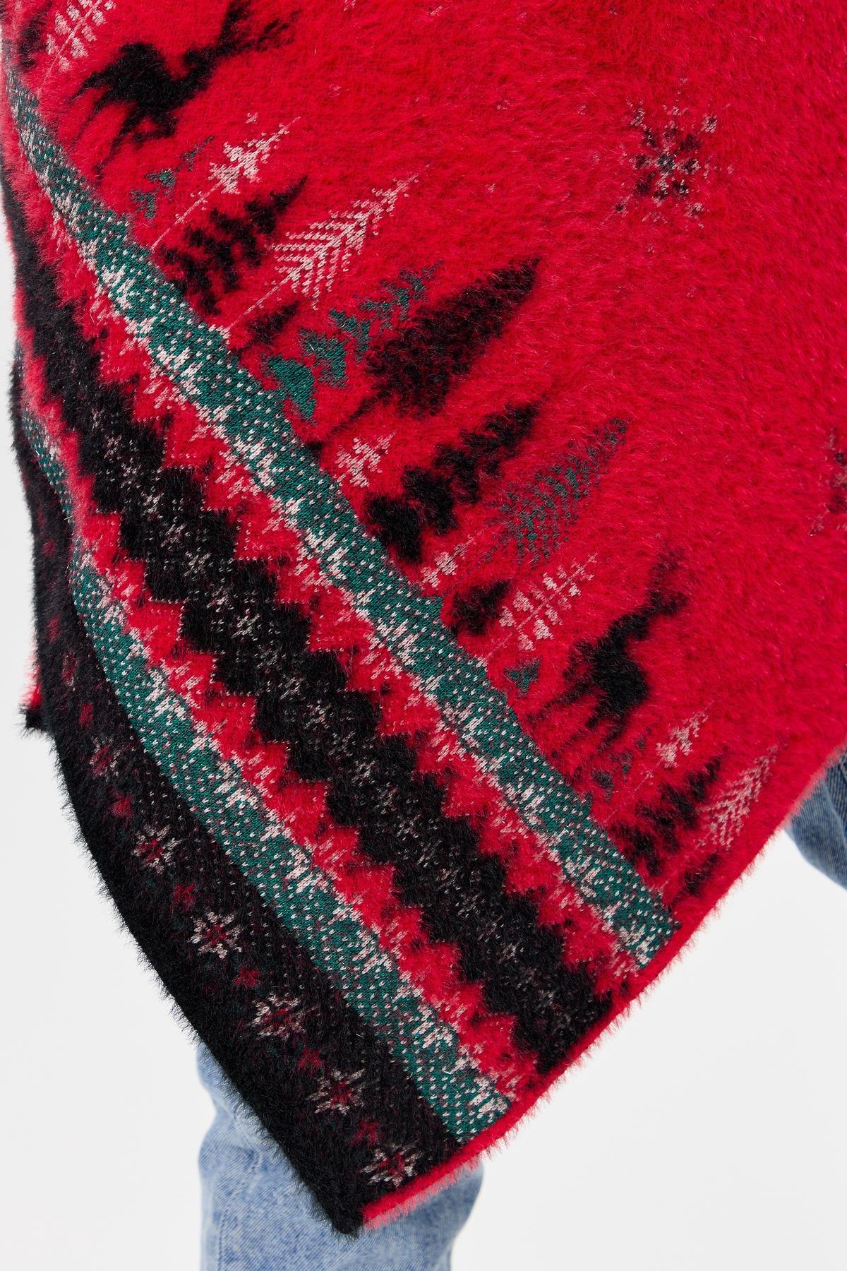 4006Kadın Triko Yılbaşı Desenli Şal Kırmızı