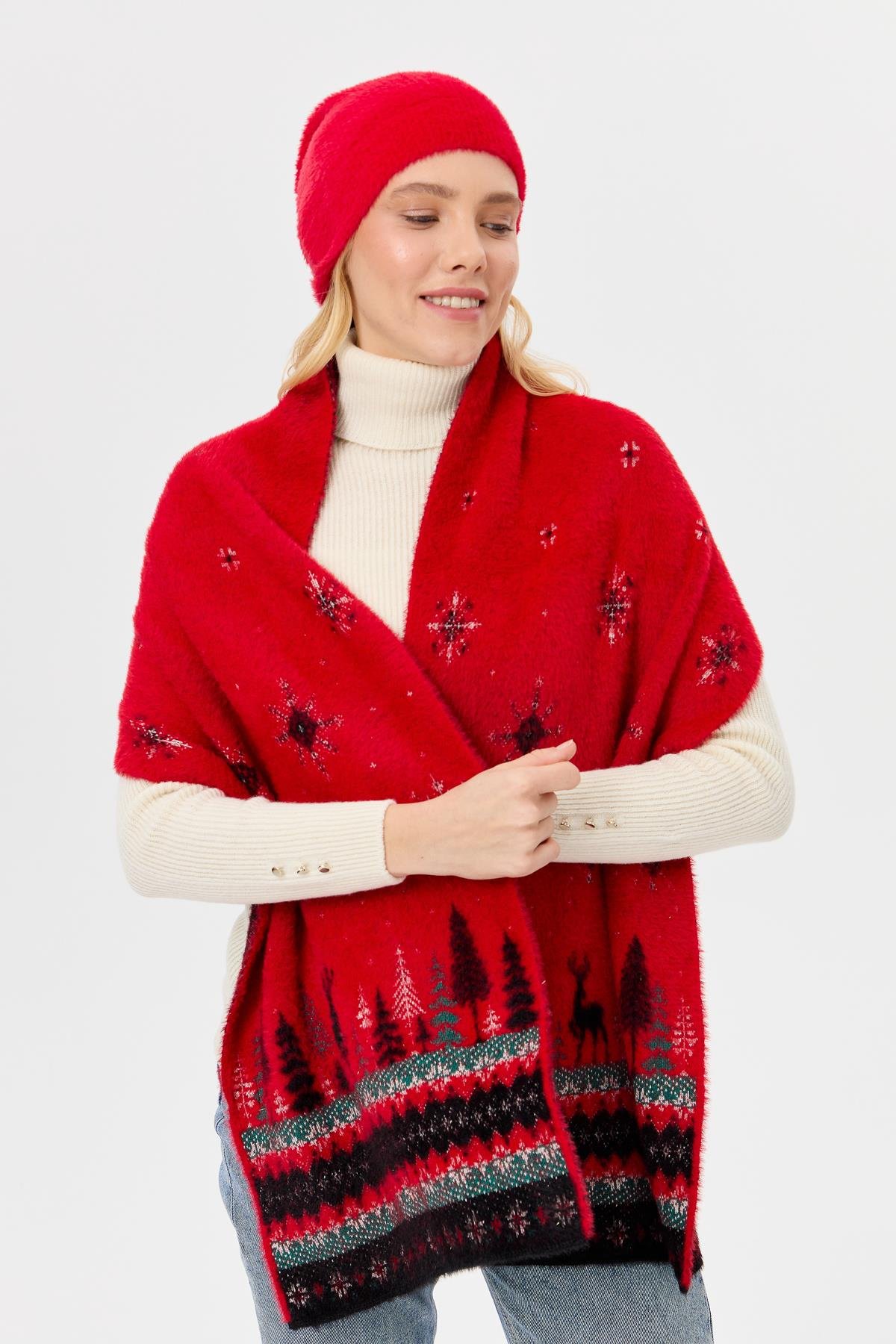 4006Kadın Triko Yılbaşı Desenli Şal Kırmızı