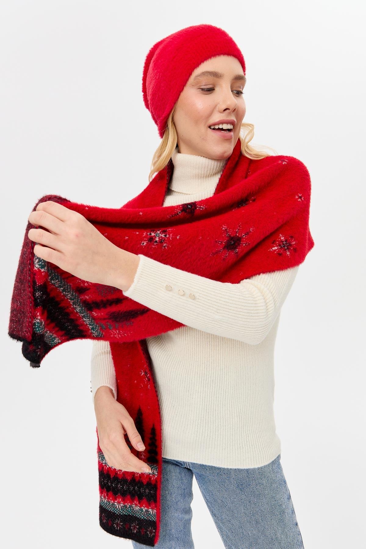 4006Kadın Triko Yılbaşı Desenli Şal Kırmızı