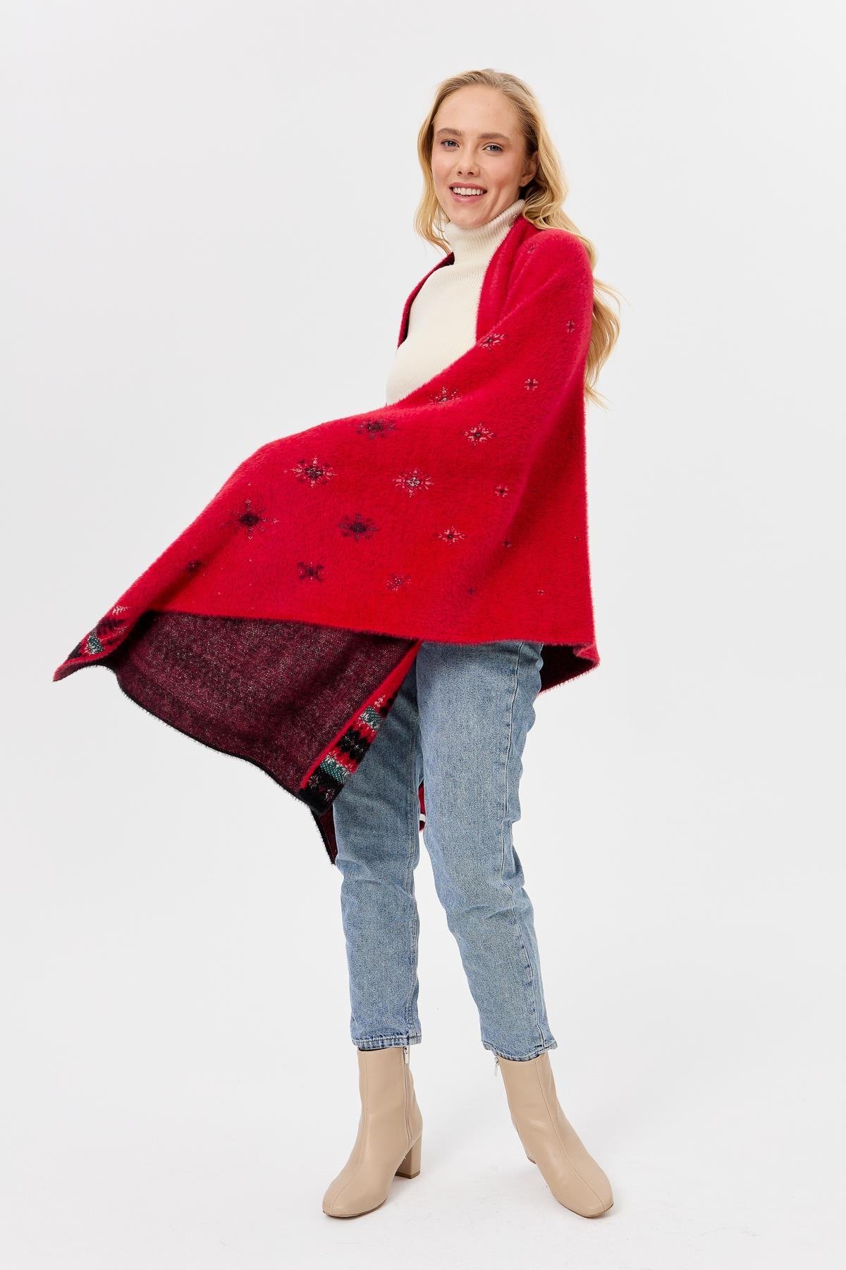 4006Kadın Triko Yılbaşı Desenli Şal Kırmızı