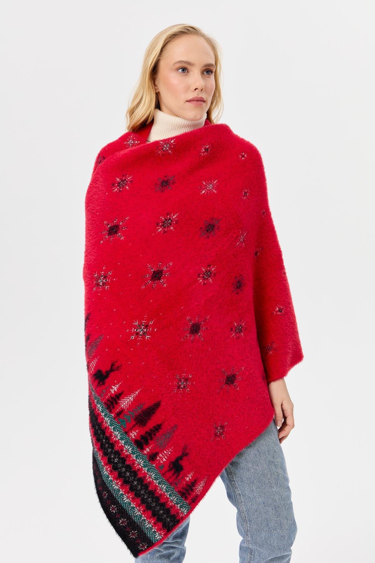 4006Kadın Triko Yılbaşı Desenli Şal Kırmızı