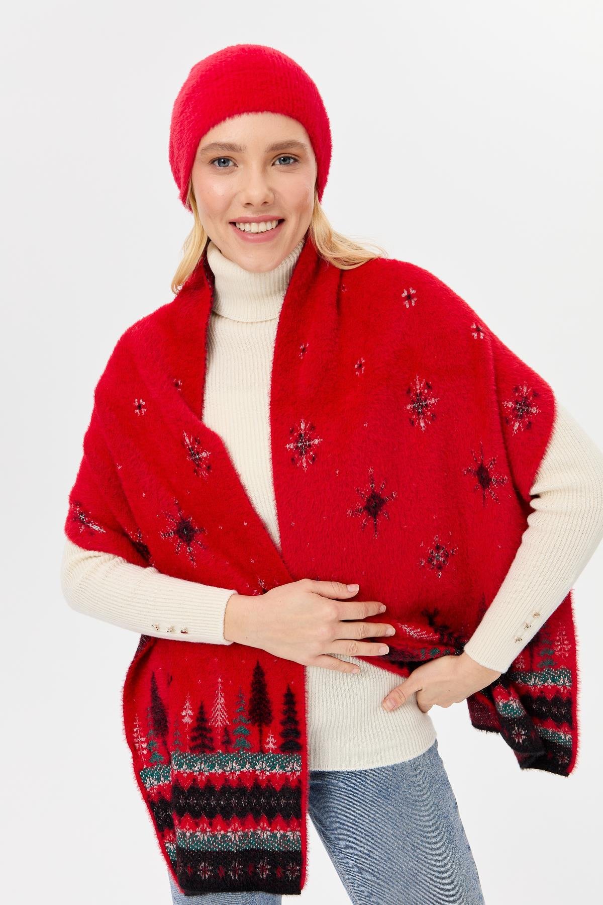 4006Kadın Triko Yılbaşı Desenli Şal Kırmızı