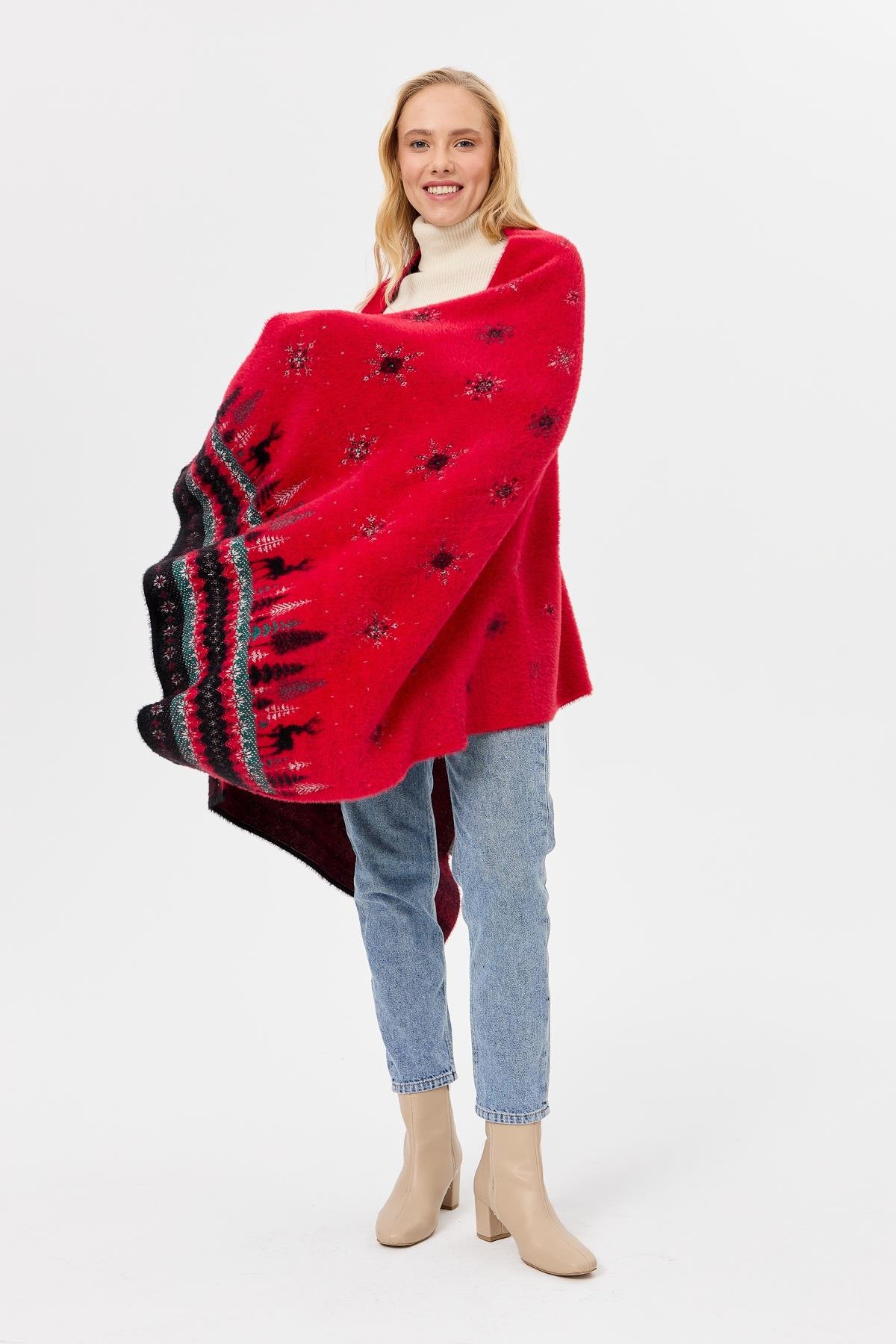 4006Kadın Triko Yılbaşı Desenli Şal Kırmızı