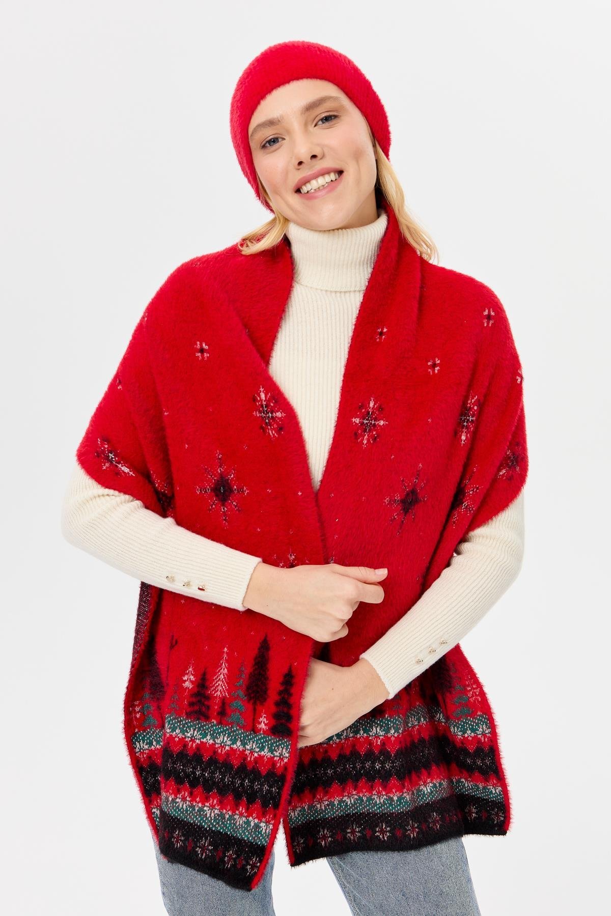 4006Kadın Triko Yılbaşı Desenli Şal Kırmızı