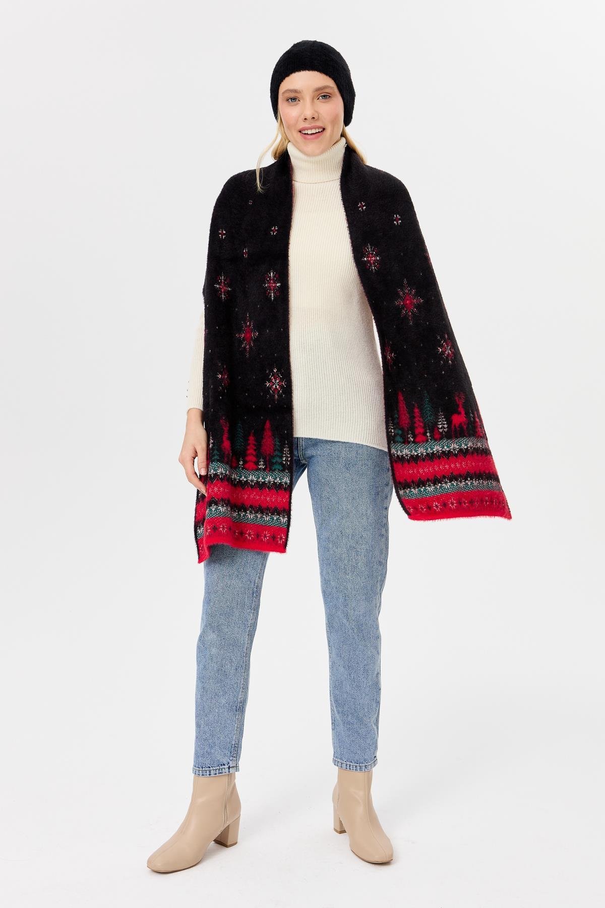 4006Kadın Triko Yılbaşı Desenli Şal Siyah