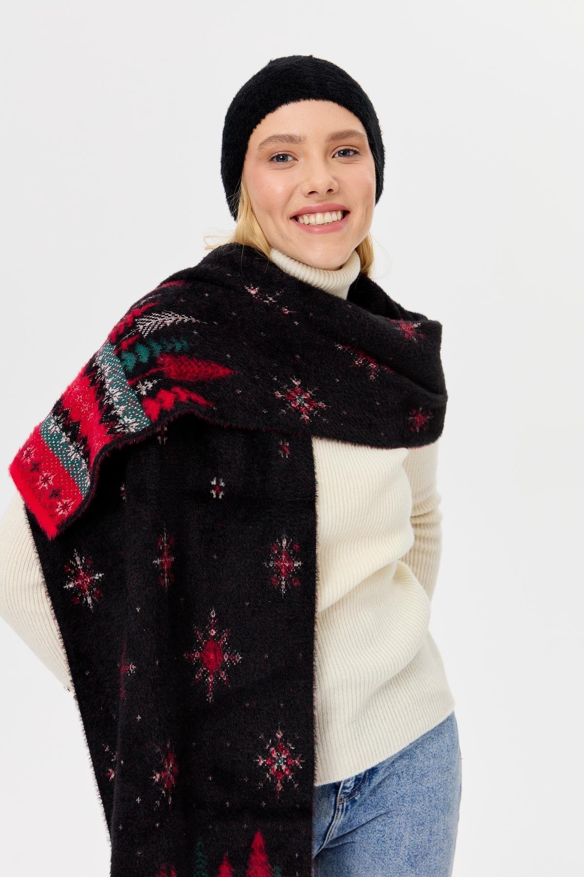 4006Kadın Triko Yılbaşı Desenli Şal Siyah