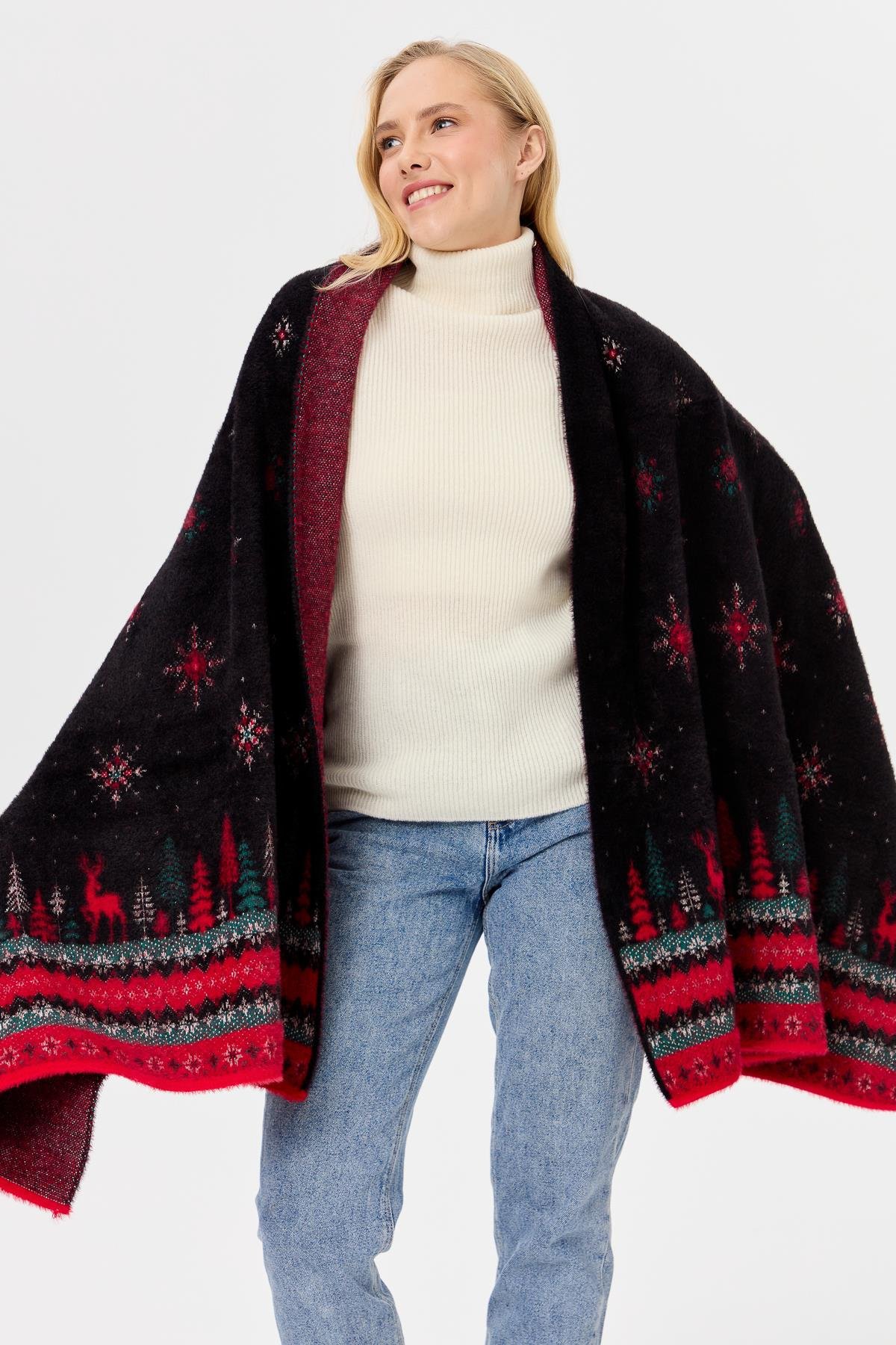 4006Kadın Triko Yılbaşı Desenli Şal Siyah