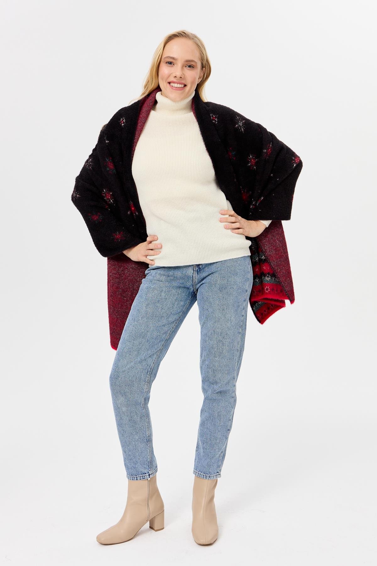 4006Kadın Triko Yılbaşı Desenli Şal Siyah