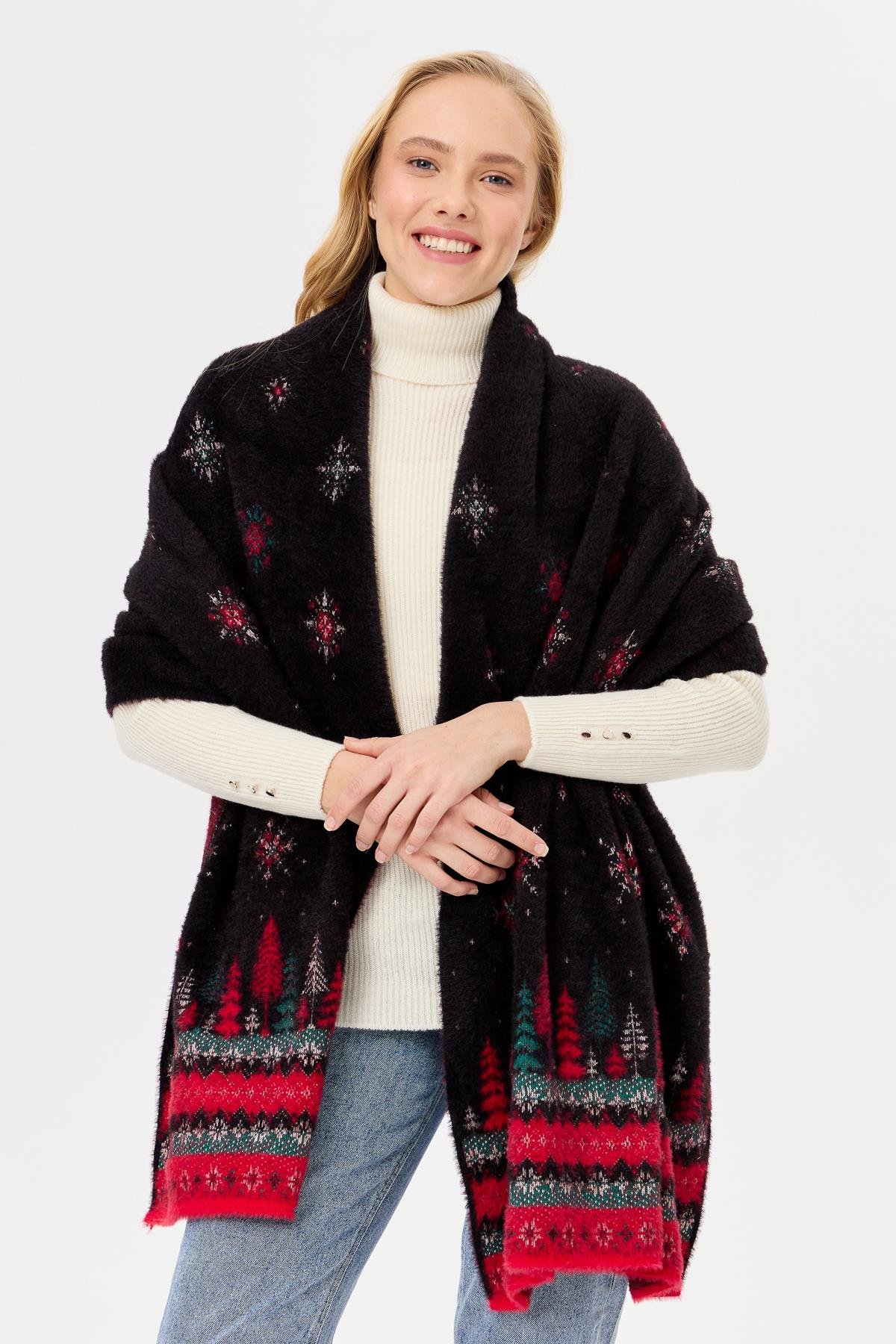 4006Kadın Triko Yılbaşı Desenli Şal Siyah