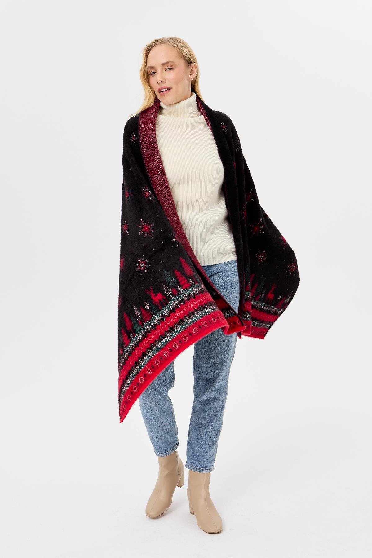 4006Kadın Triko Yılbaşı Desenli Şal Siyah
