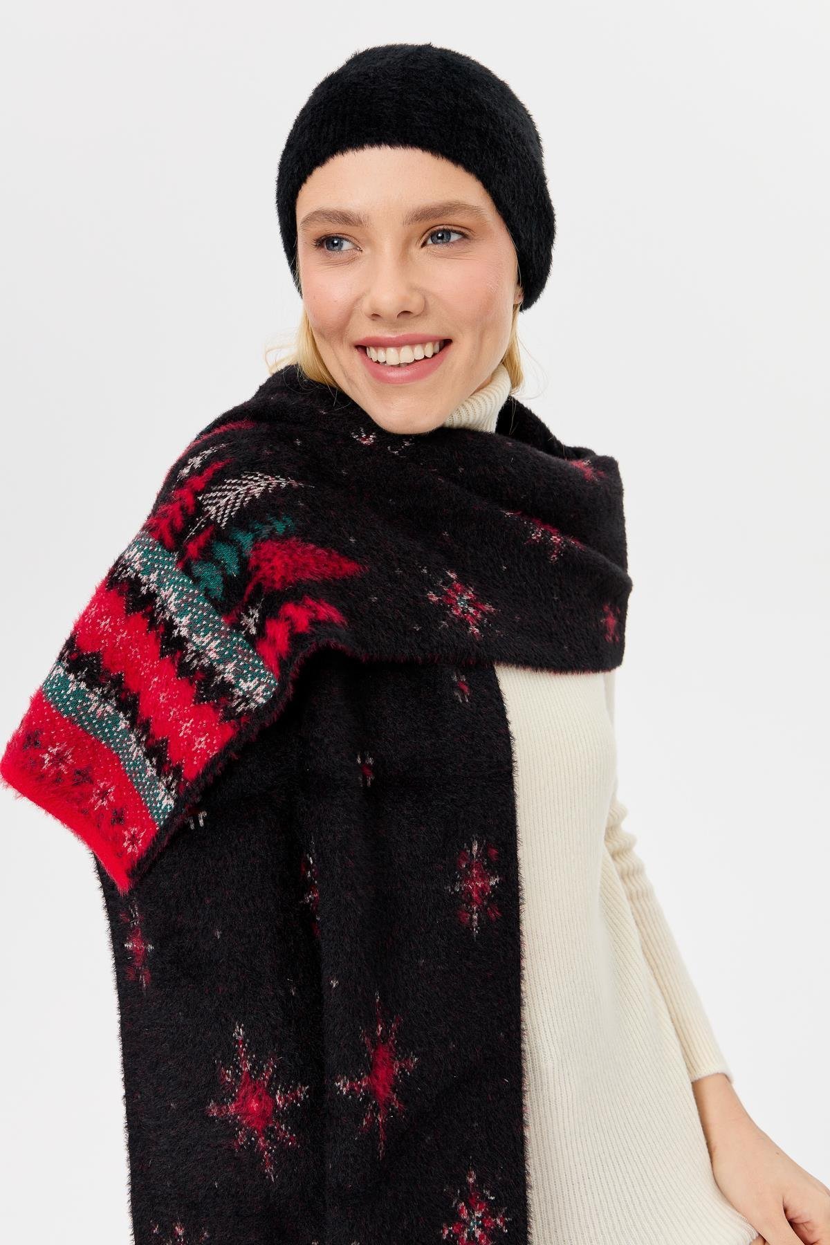 4006Kadın Triko Yılbaşı Desenli Şal Siyah