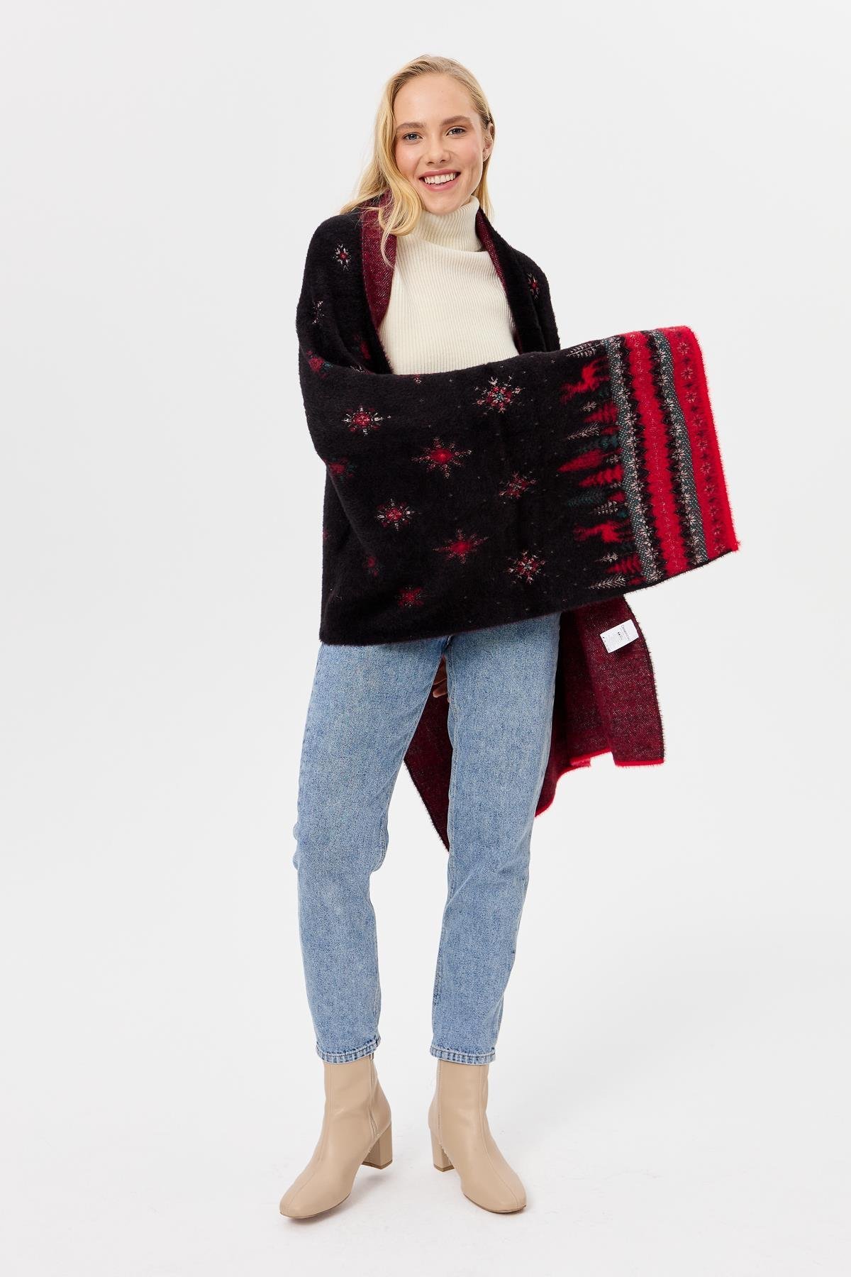 4006Kadın Triko Yılbaşı Desenli Şal Siyah