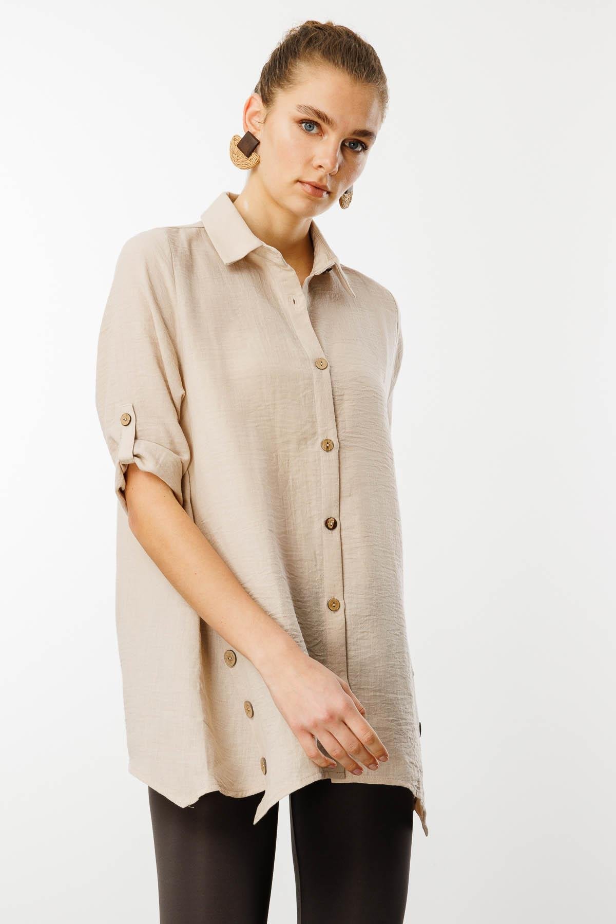25757Kadın Truvakar Kol Keten Gömlek Bej