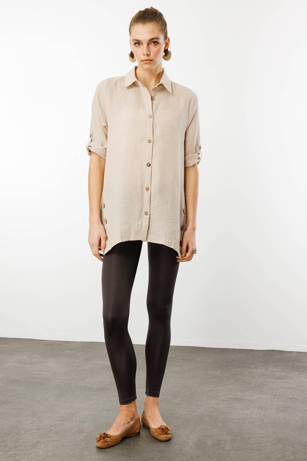 25757Kadın Truvakar Kol Keten Gömlek Bej