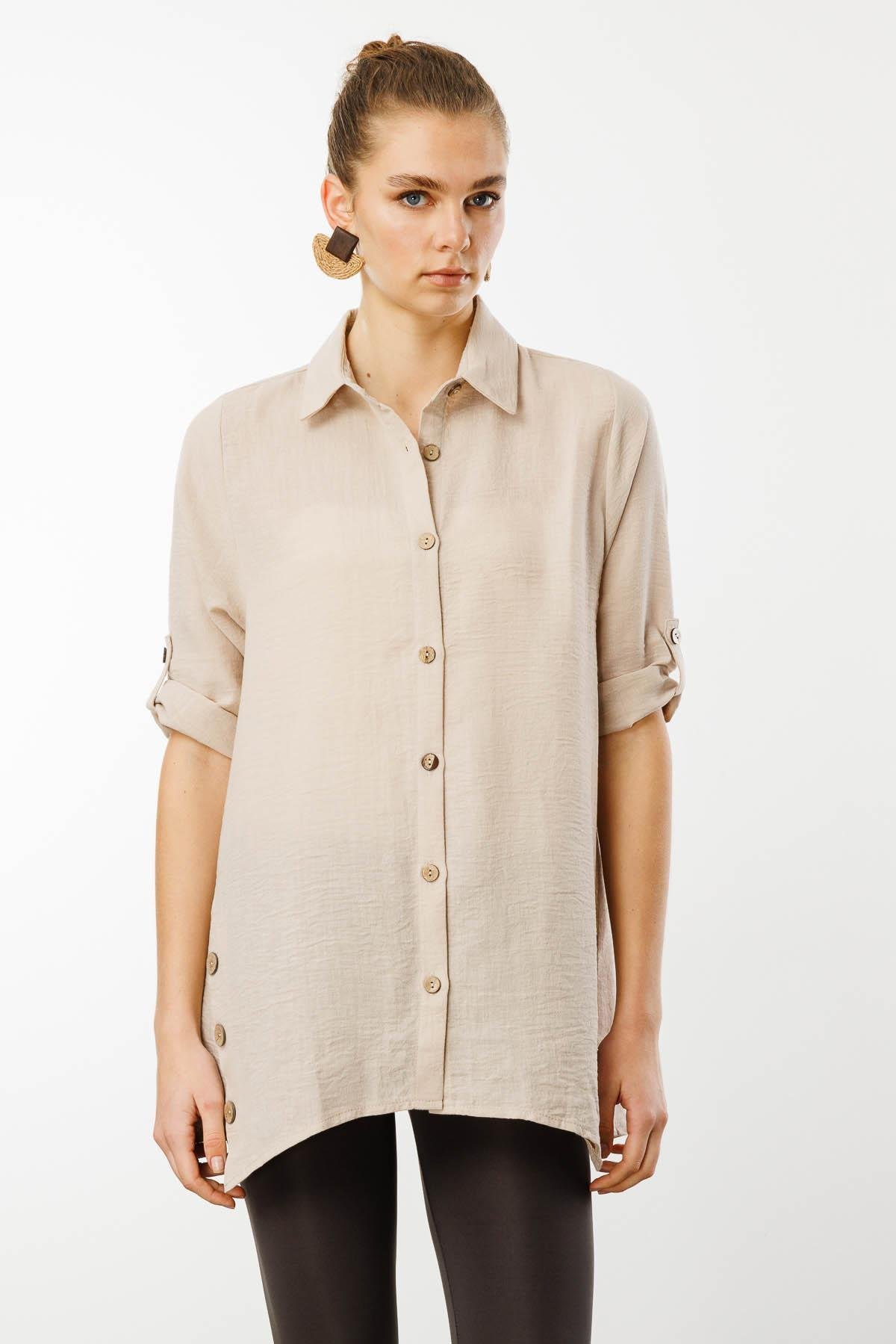 25757Kadın Truvakar Kol Keten Gömlek Bej
