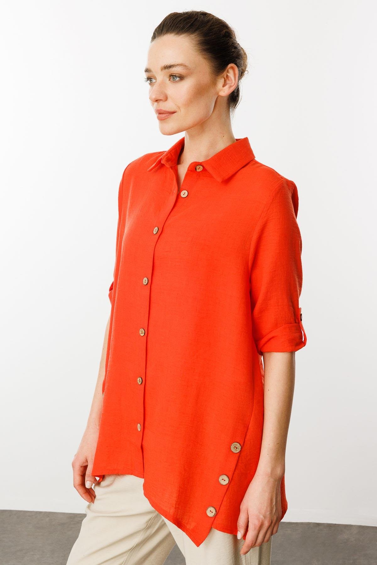 25757Kadın Truvakar Kol Keten Gömlek Mercan