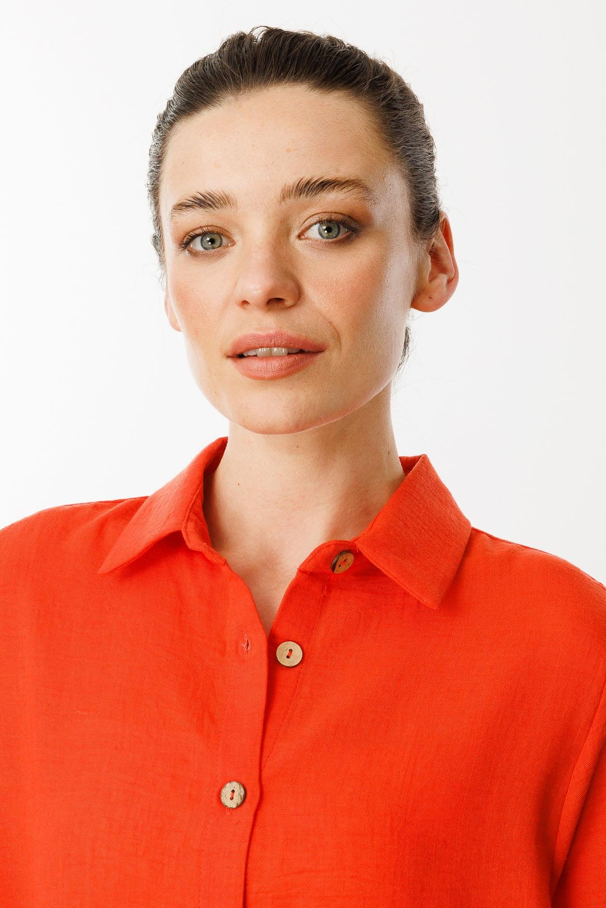 25757Kadın Truvakar Kol Keten Gömlek Mercan