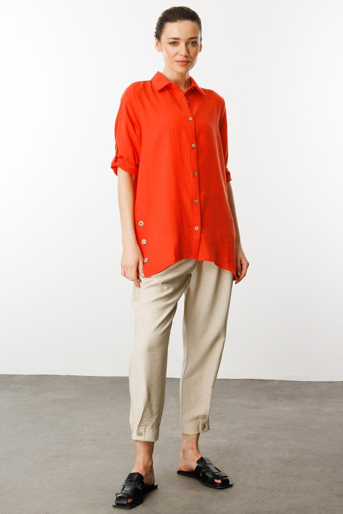 25757Kadın Truvakar Kol Keten Gömlek Mercan