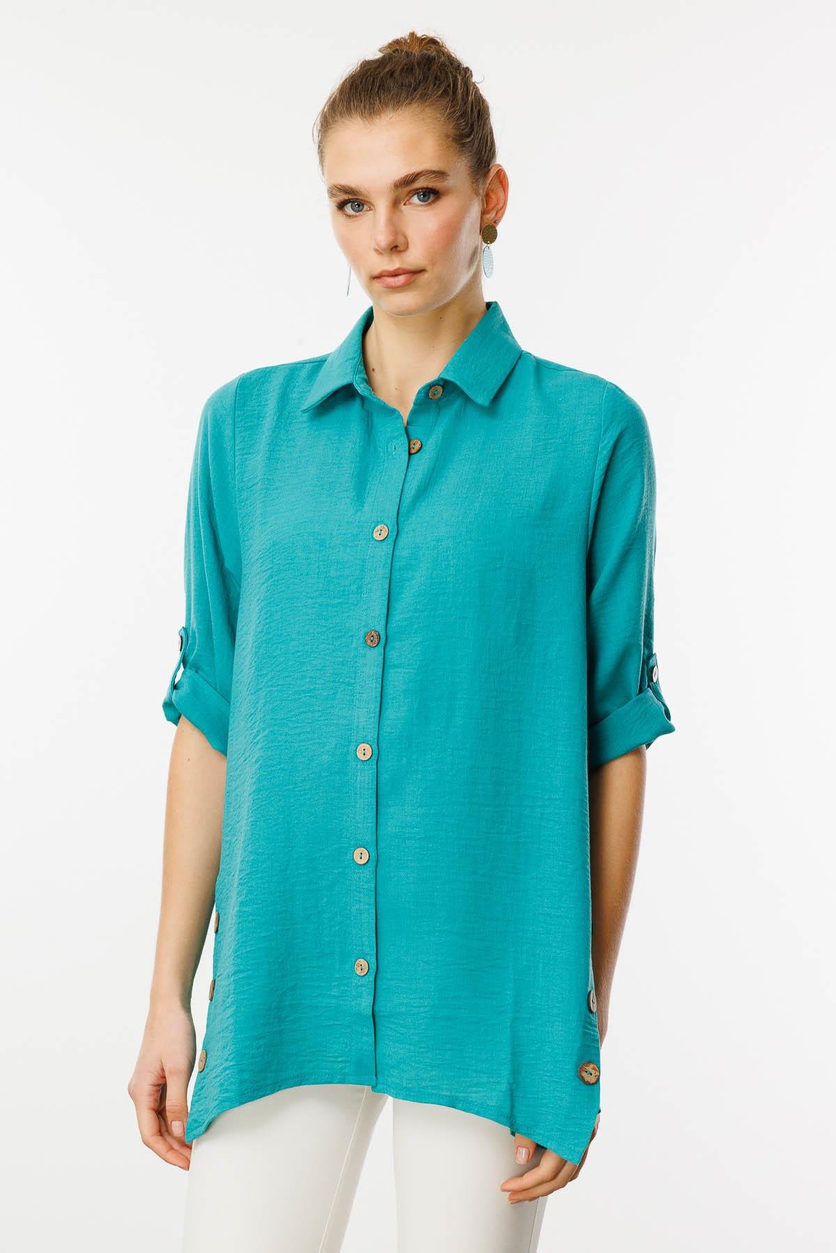 25757Kadın Truvakar Kol Keten Gömlek Yeşil