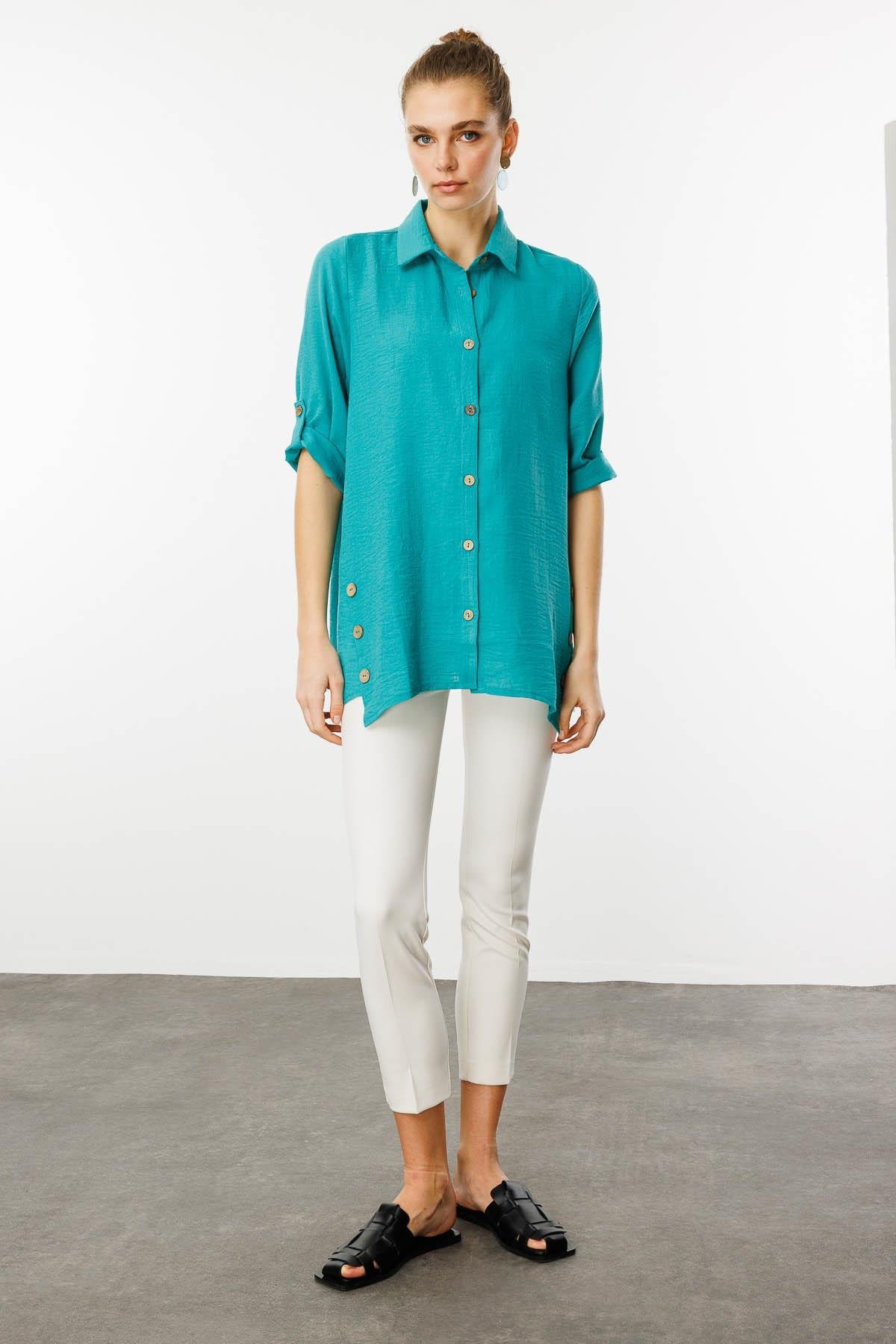 25757Kadın Truvakar Kol Keten Gömlek Yeşil