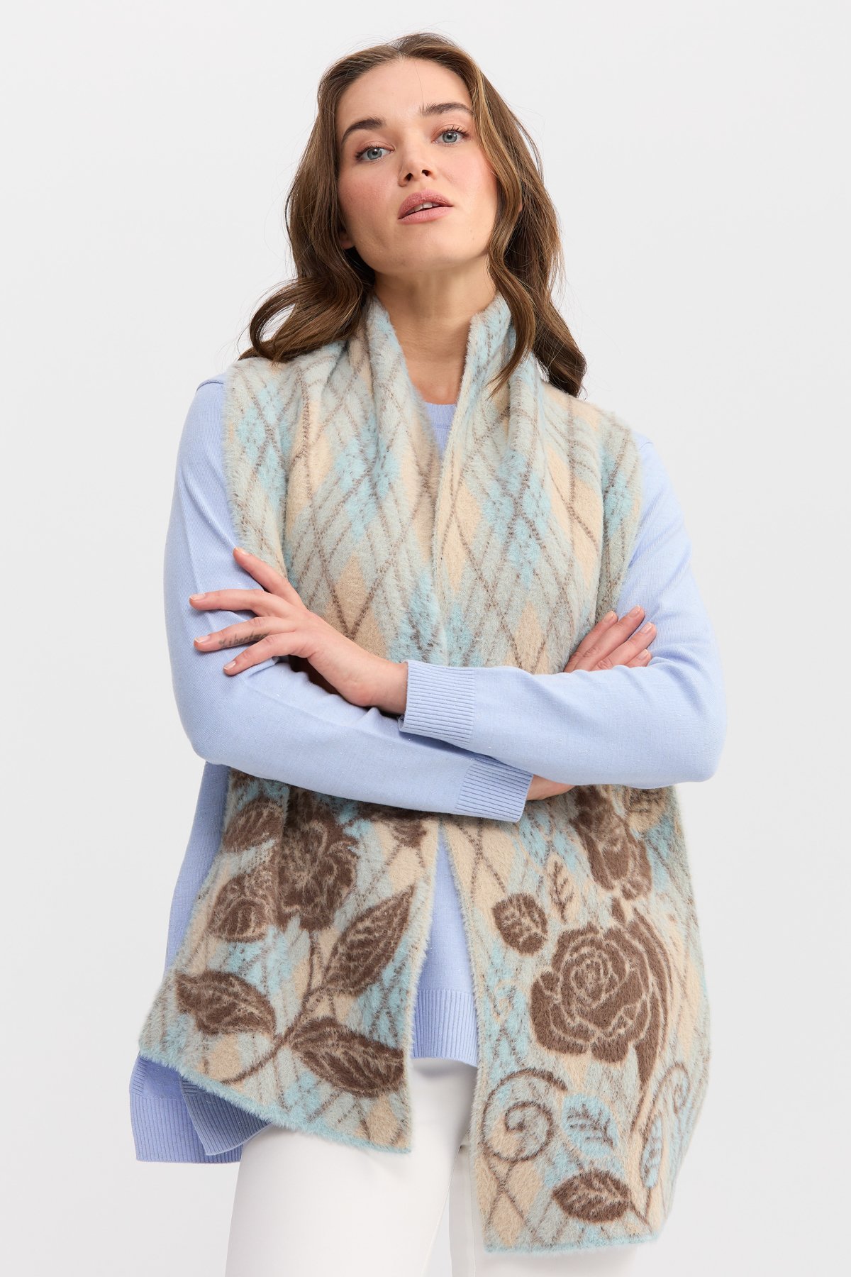 22188Kadın Uçları Çiçekli Baklava Desenli Kaşkol Mint