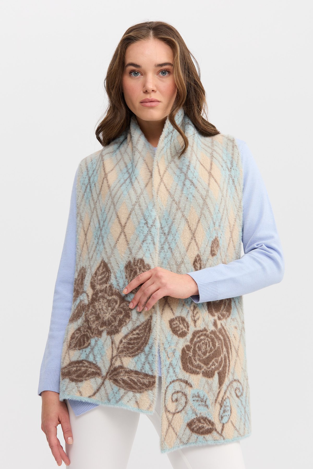 22188Kadın Uçları Çiçekli Baklava Desenli Kaşkol Mint