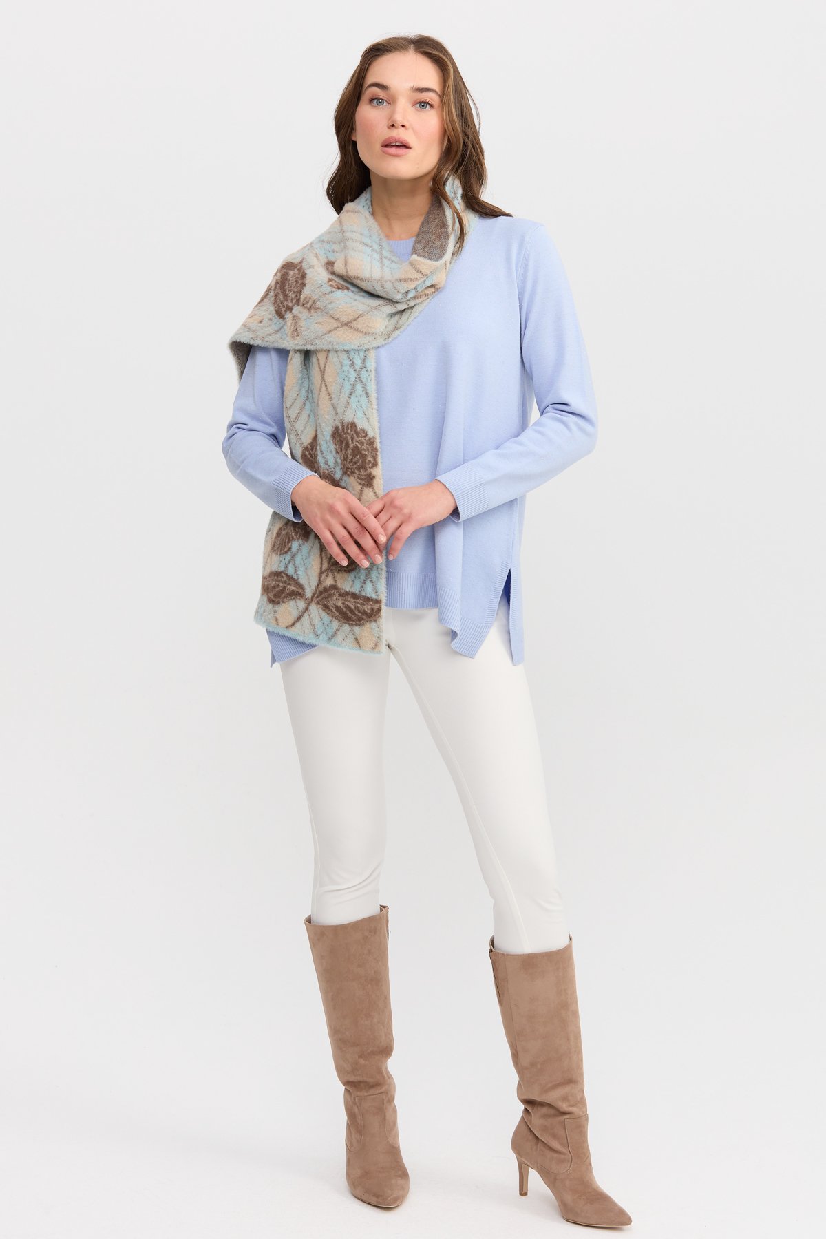 22188Kadın Uçları Çiçekli Baklava Desenli Kaşkol Mint