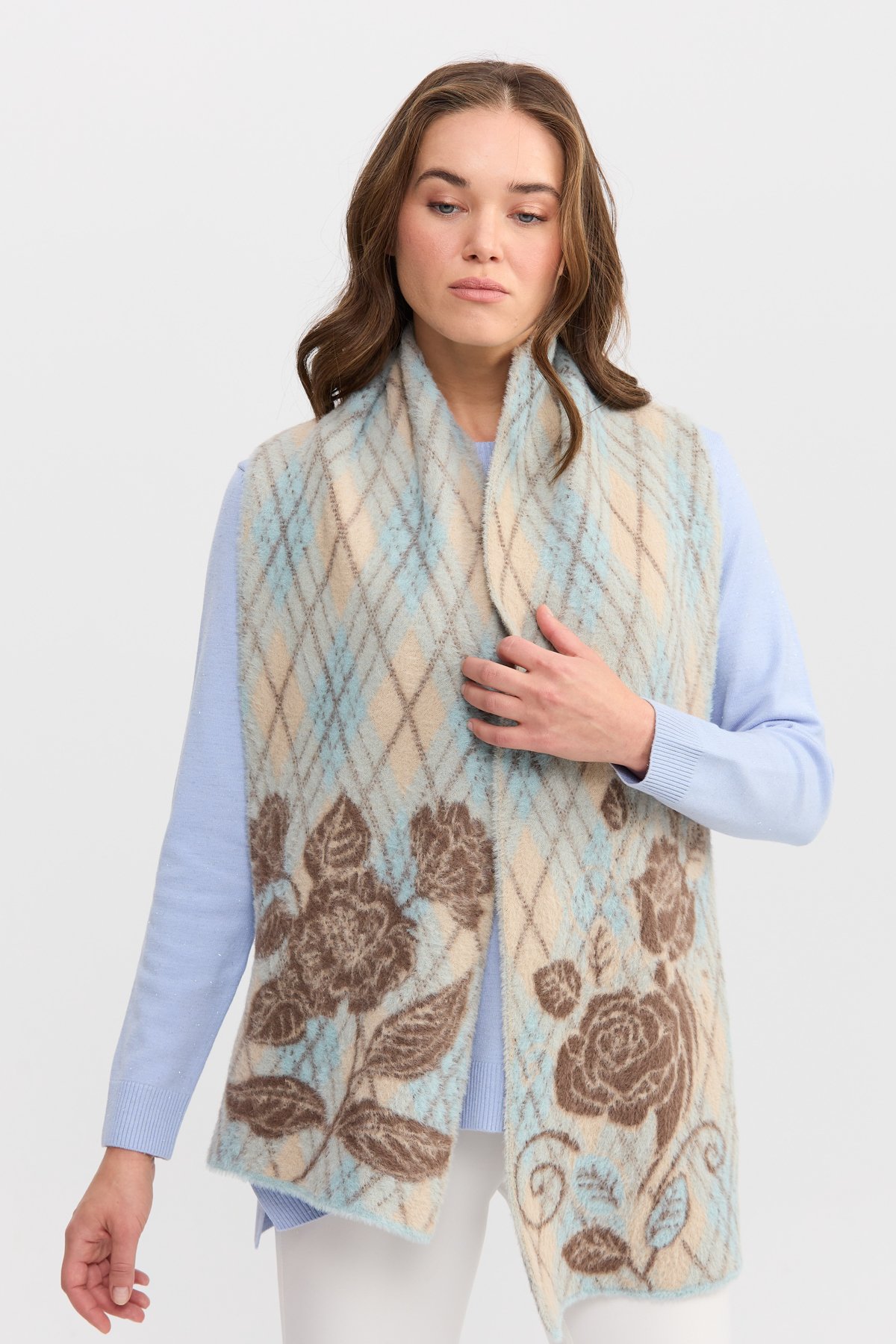 22188Kadın Uçları Çiçekli Baklava Desenli Kaşkol Mint